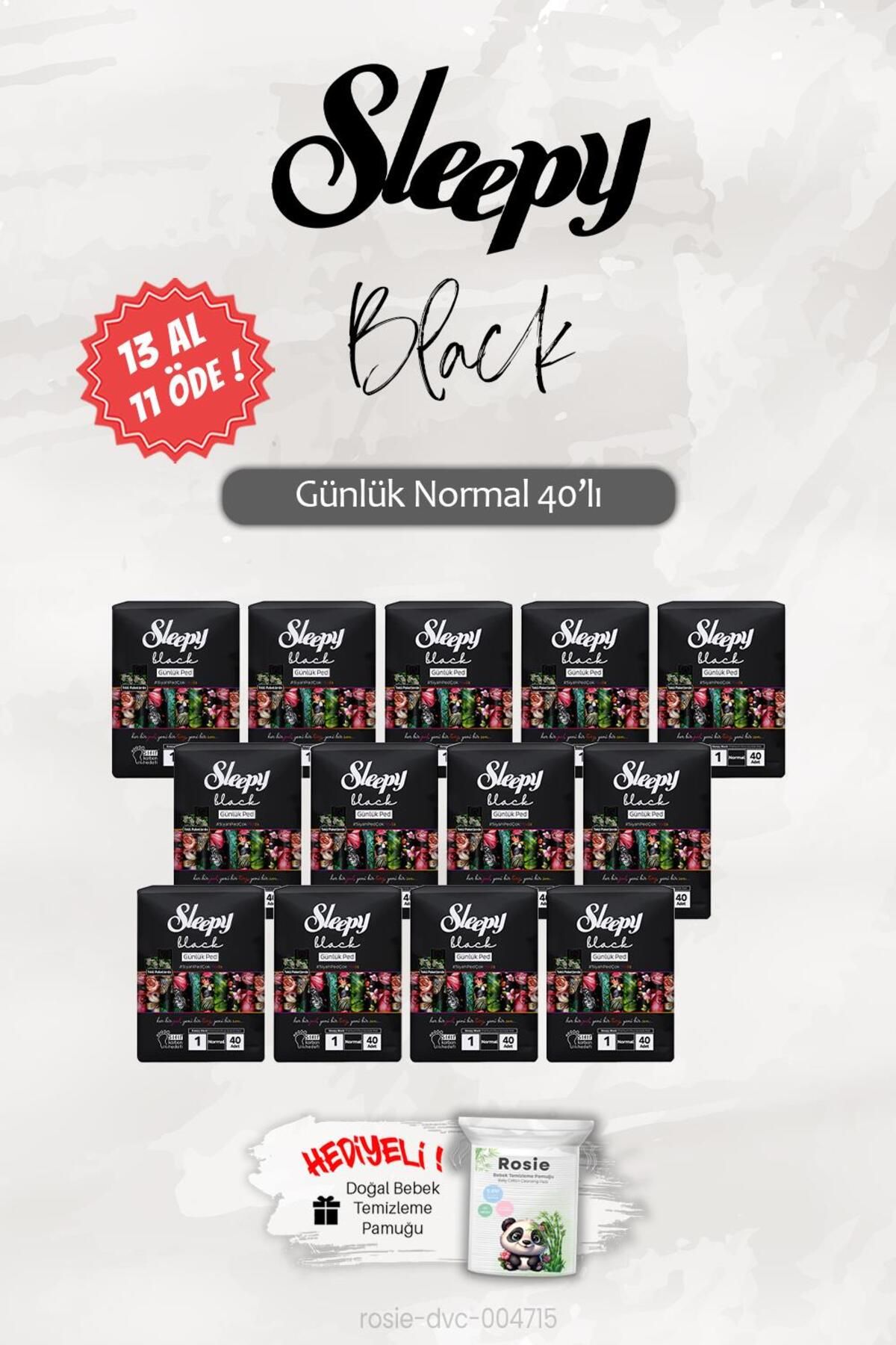 Sleepy Normal 40'lı Black Günlük Ped 13 Al 11 ÖDE, ROSIE Hediye