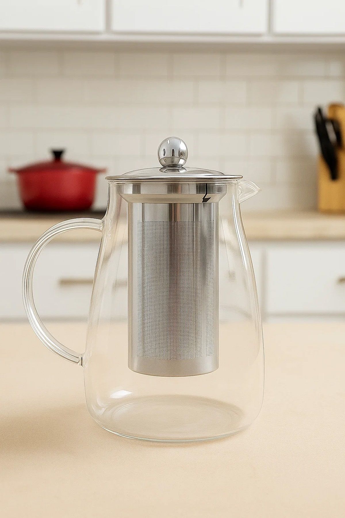Jenisa 1500 ml Cam Metal Süzgeçli Demlik – Isıya Dayanıklı Detoks Sürahisi & Bitki Çayı Karafı