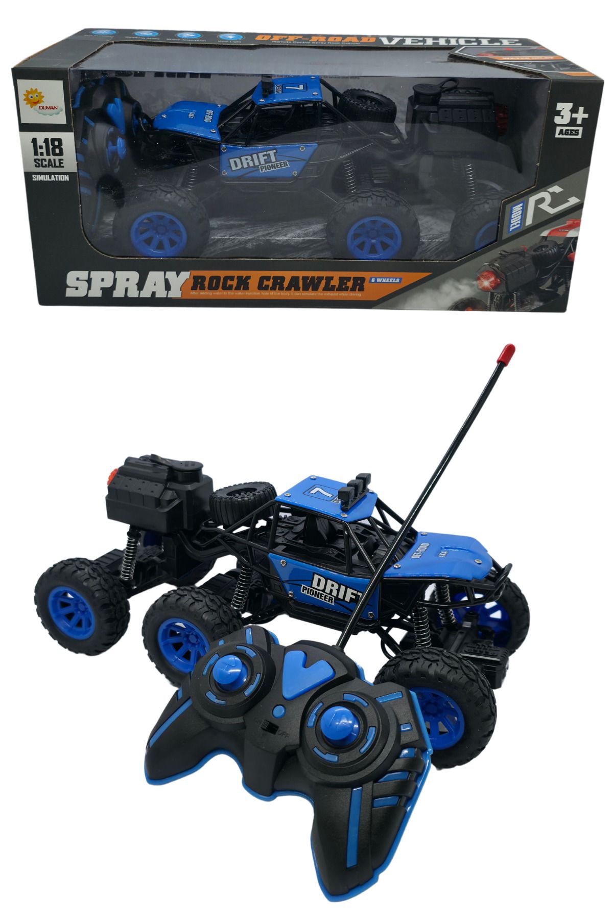 RAF Store Full Fonk. Şarjlı Işıklı 6 Tekerli Duman Atan Uzaktan Kumandalı Offroad Araba 1:18 Ölçek 27Mhz 27 Cm