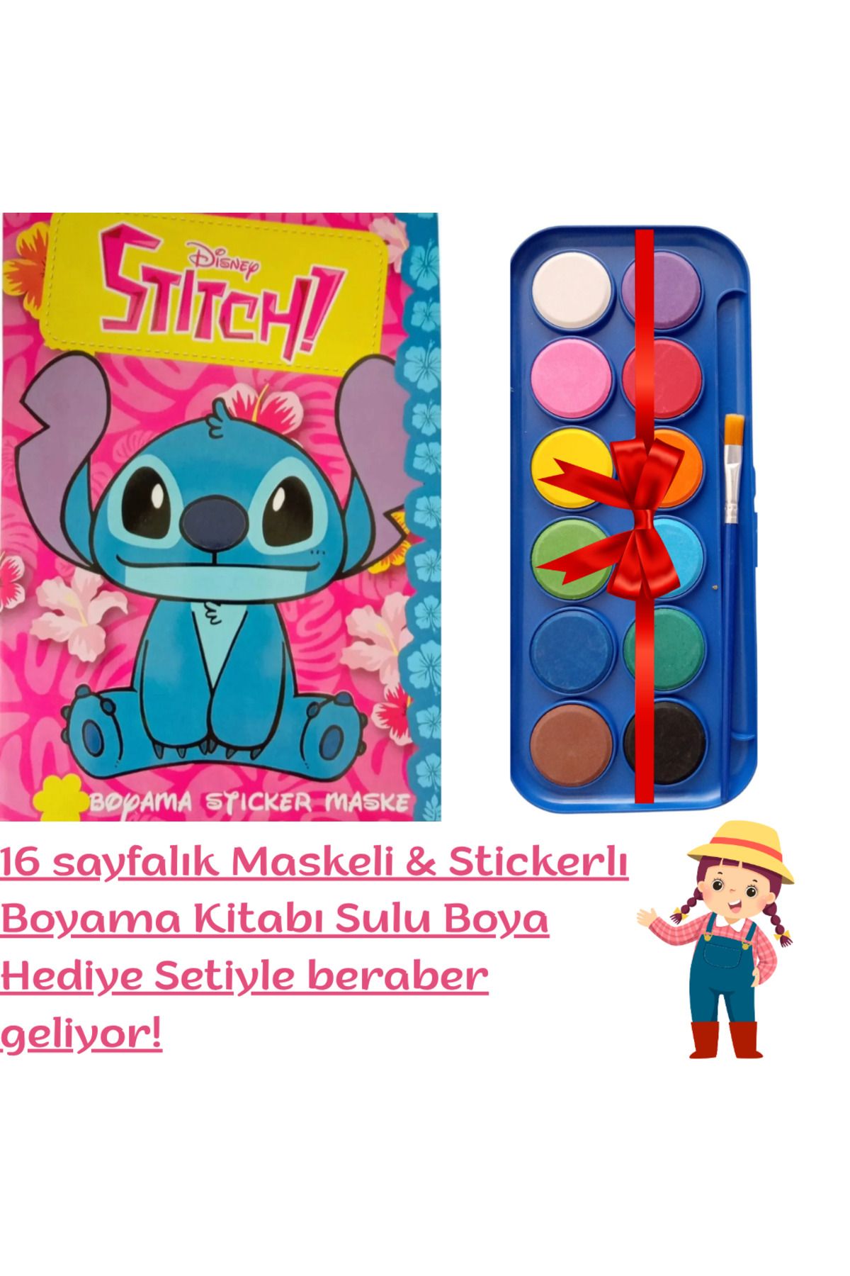 booddie Lilo & Stitch Boyama Kitabı Stickerlı (Arka Kapak Kesilerek Maskeli ) & 12'li Sulu Boya Seti