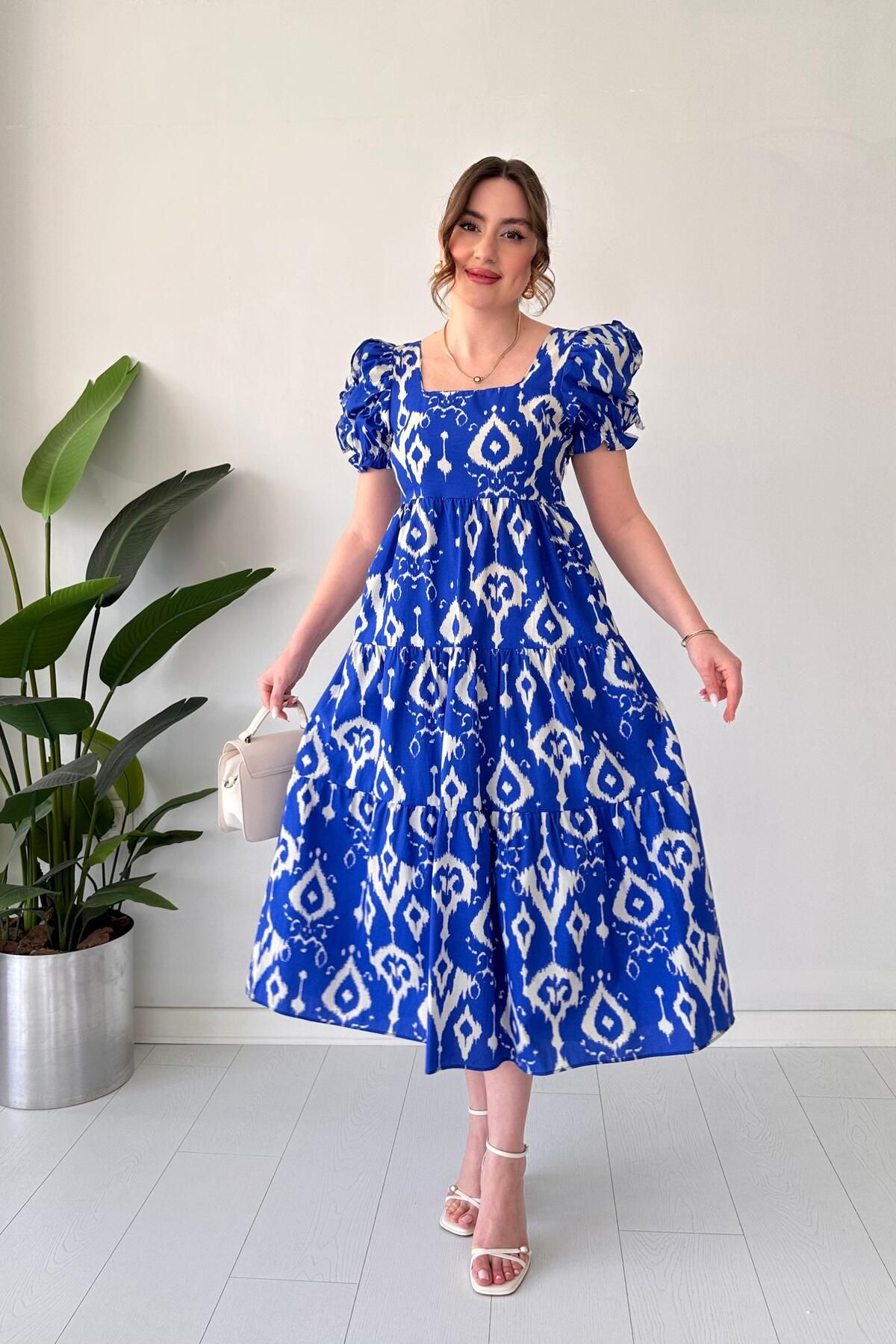MaziButik Motif Poplin Elbise Mavi