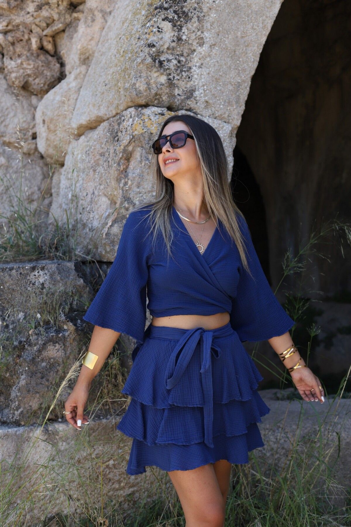 bytugcekaya Lacivert Standart Beden Müslin Bağlamalı Bluz