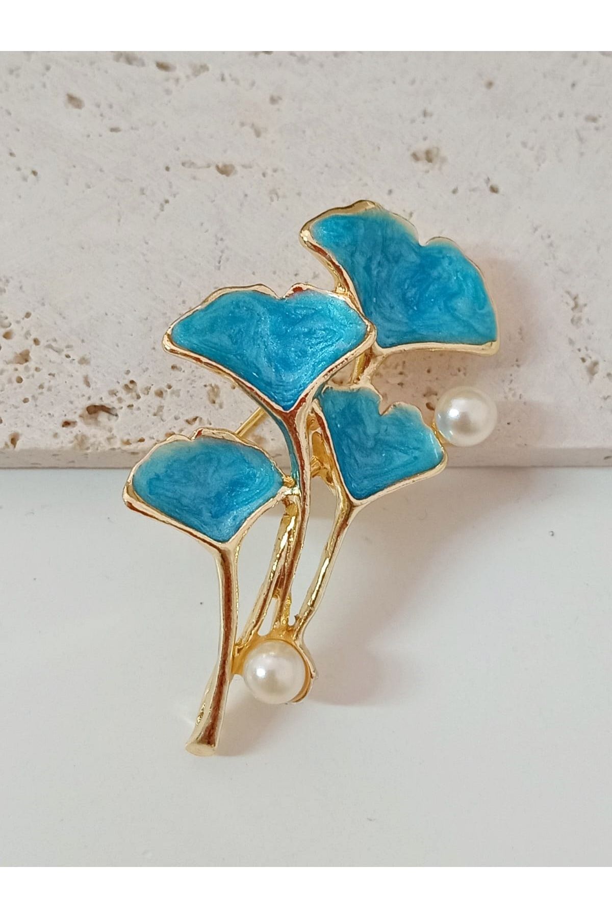mos&more Mavi Gold İncili Gingko Şık Broş