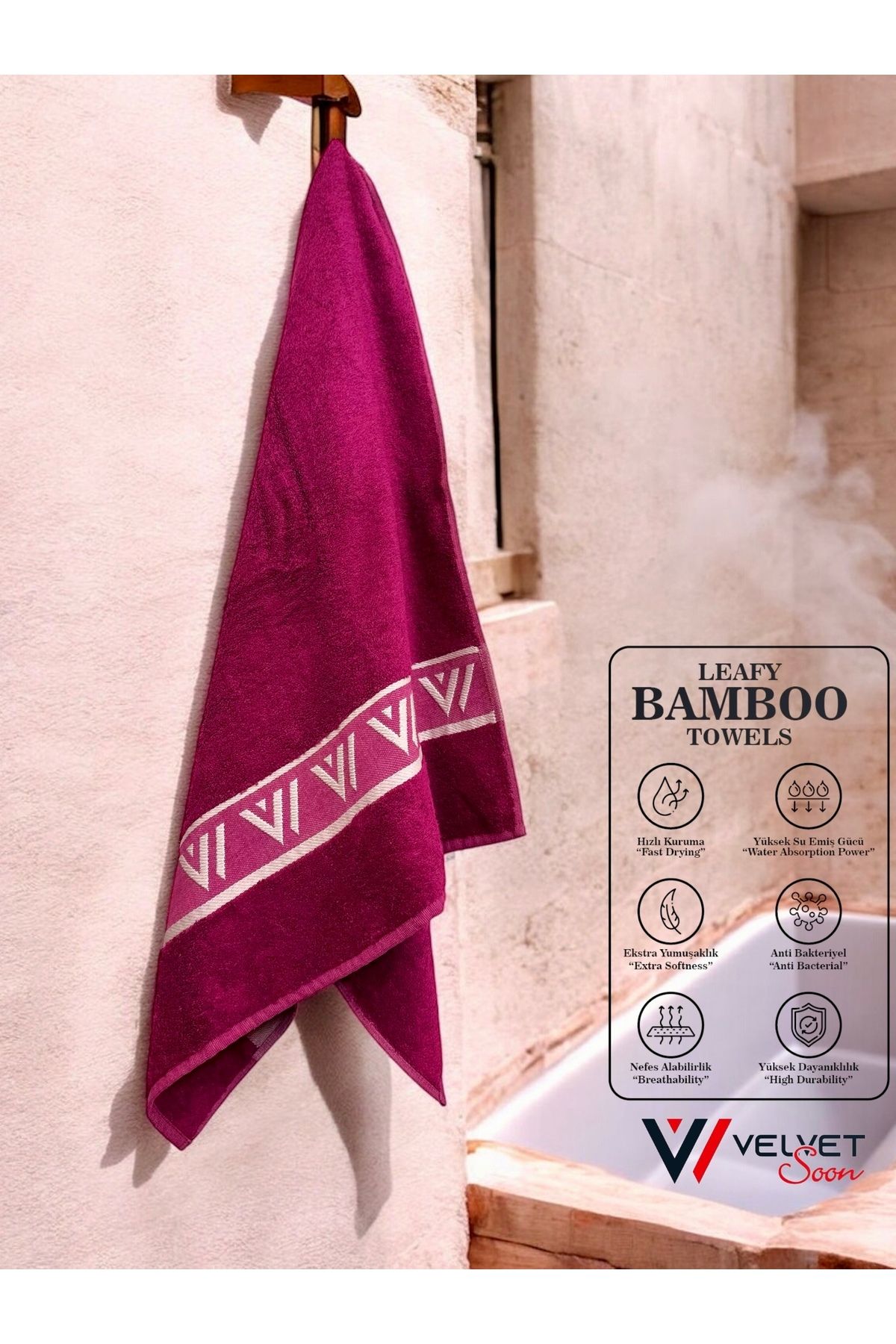Velvet Soon Bambu Bordo V Bordür 70x140 Banyo Havlusu
