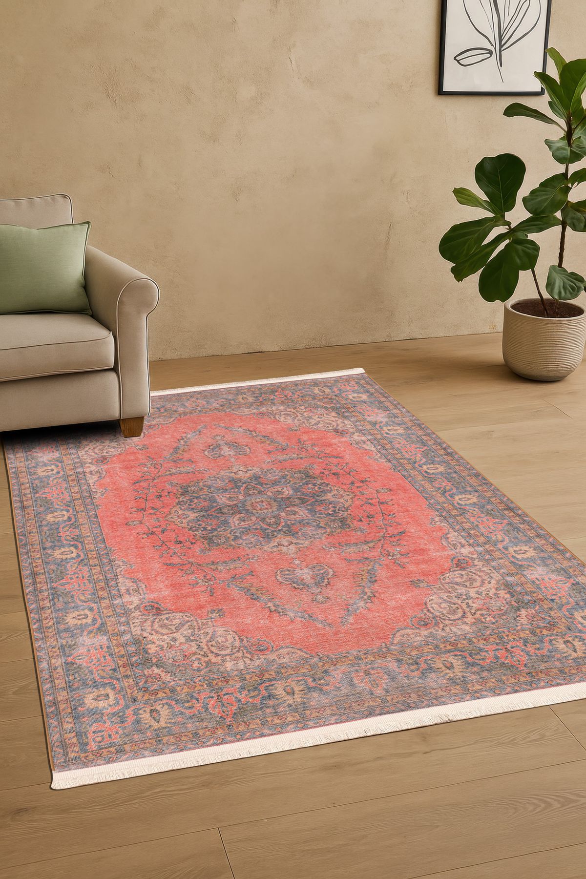 Massilia Home Sahra Halı Makinede Yıkanabilir Dokuma Şönil Kilim Etnik Eskitme Desen Vintage Ev Oda Halısı