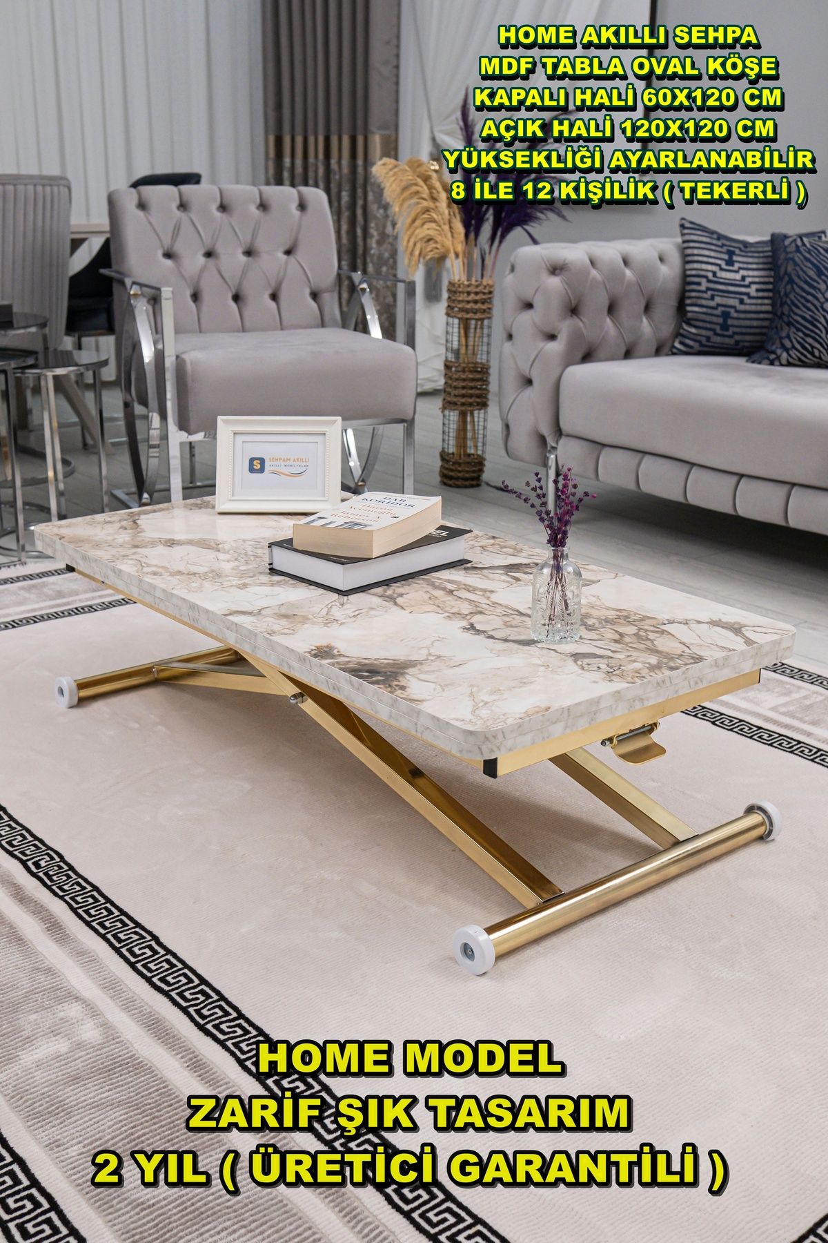 SEHPAM AKILLI Akıllı Sehpa Home Üst Tabla Mdf Alt Mekanizma Gold Kaplama