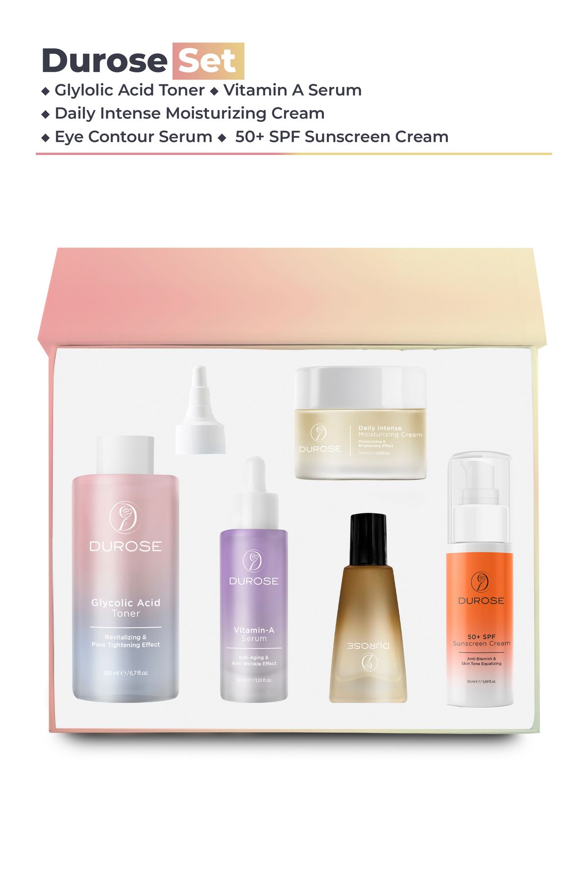DUROSE CİLT BAKIM SETİ-A VİTAMİNİ CİLT SERUMU,NEMLENDİRİCİ KREM,+50SPF GÜNEŞ KREMİ,TONİK,GÖZ ÇEVRESİ
