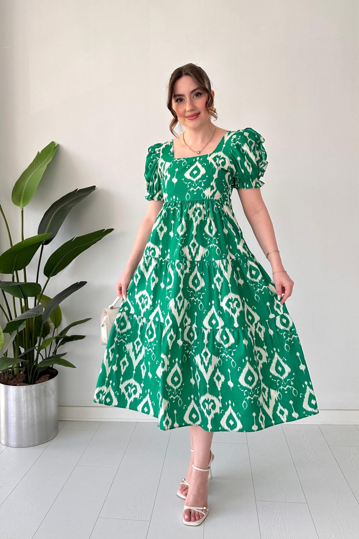 MaziButik Motif Poplin Elbise Yeşil