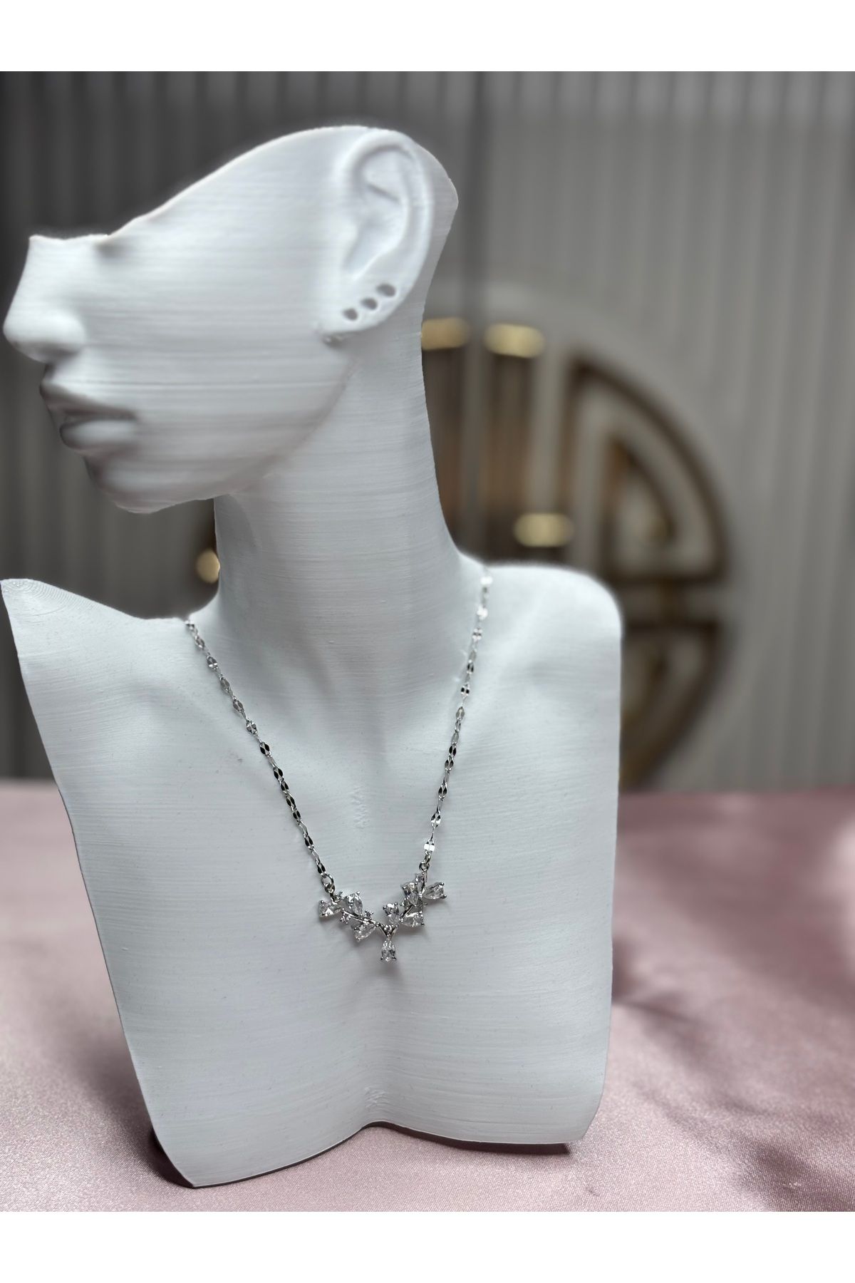 Glamour Ucu taşlı dallar silver Çelik kolye