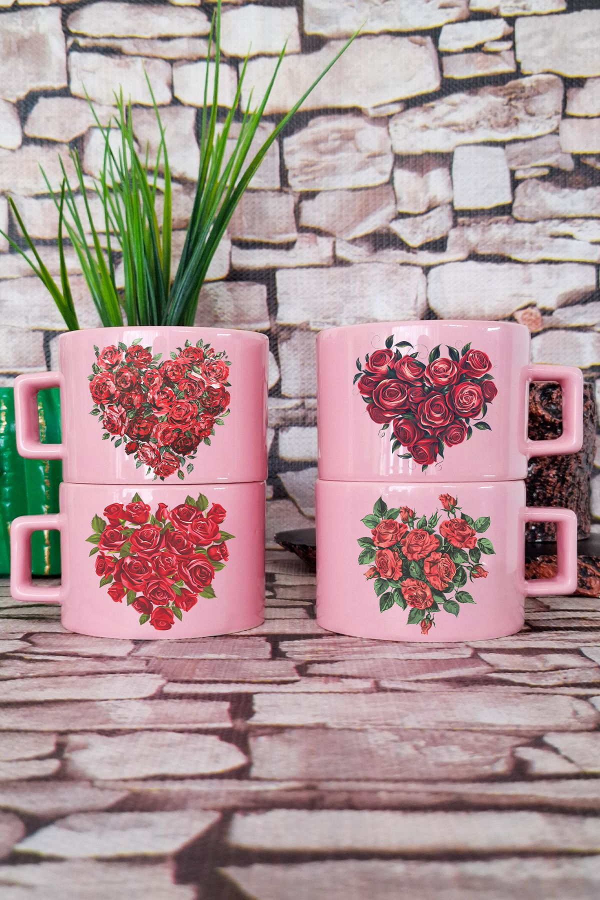 qoeuyl boutique Gül Baskılı Sunum Çeyizlik Pembe Dörtlü Kupa Bardak Fincan Seti
