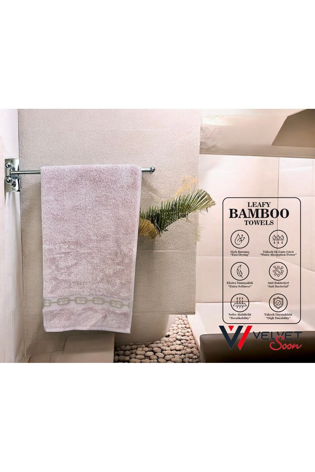 Velvet Soon Bambu Pudra Zincir Bordür 50x90 El Ve Yüz Havlusu