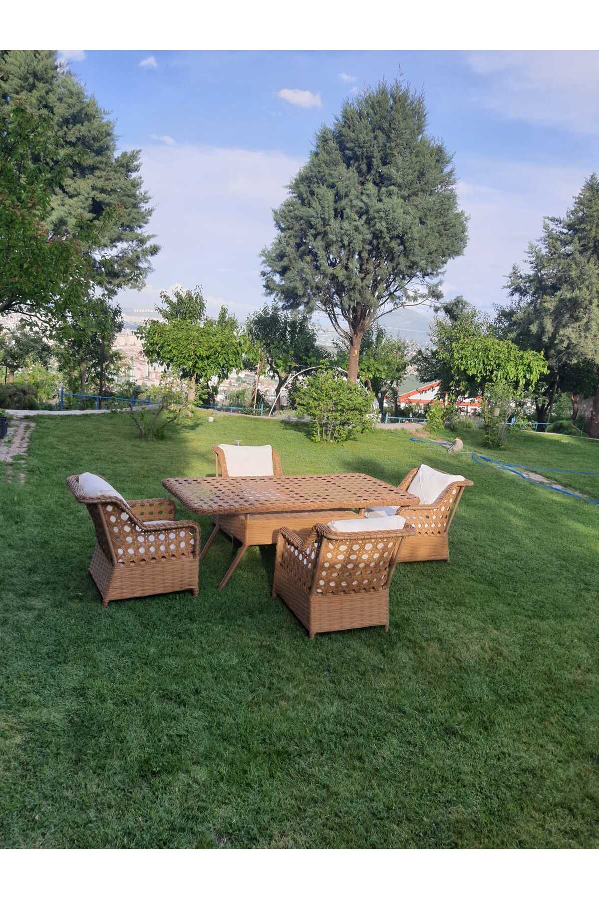 Emel Home Omit Pazar Fırat 6kişilik Kahverengi Örgü Rattan Oturma Grubu Minderli & 90x160cm Masa Takımı
