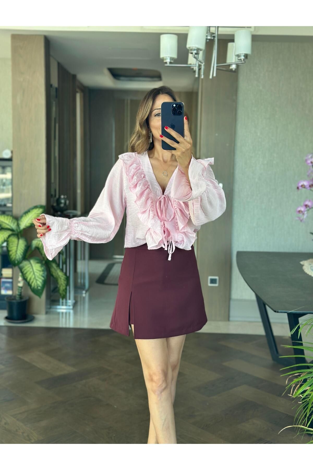 Forlady Butik Pembe Uzun Kol Fırfır Detaylı Bağlamalı Kadın Bluz