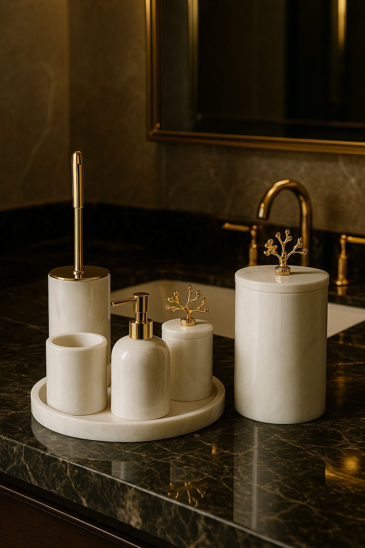 stonx Dekorati̇f Doğal Beyaz Mermer Mercan Aksesuar Detaylı 7'li Banyo Seti