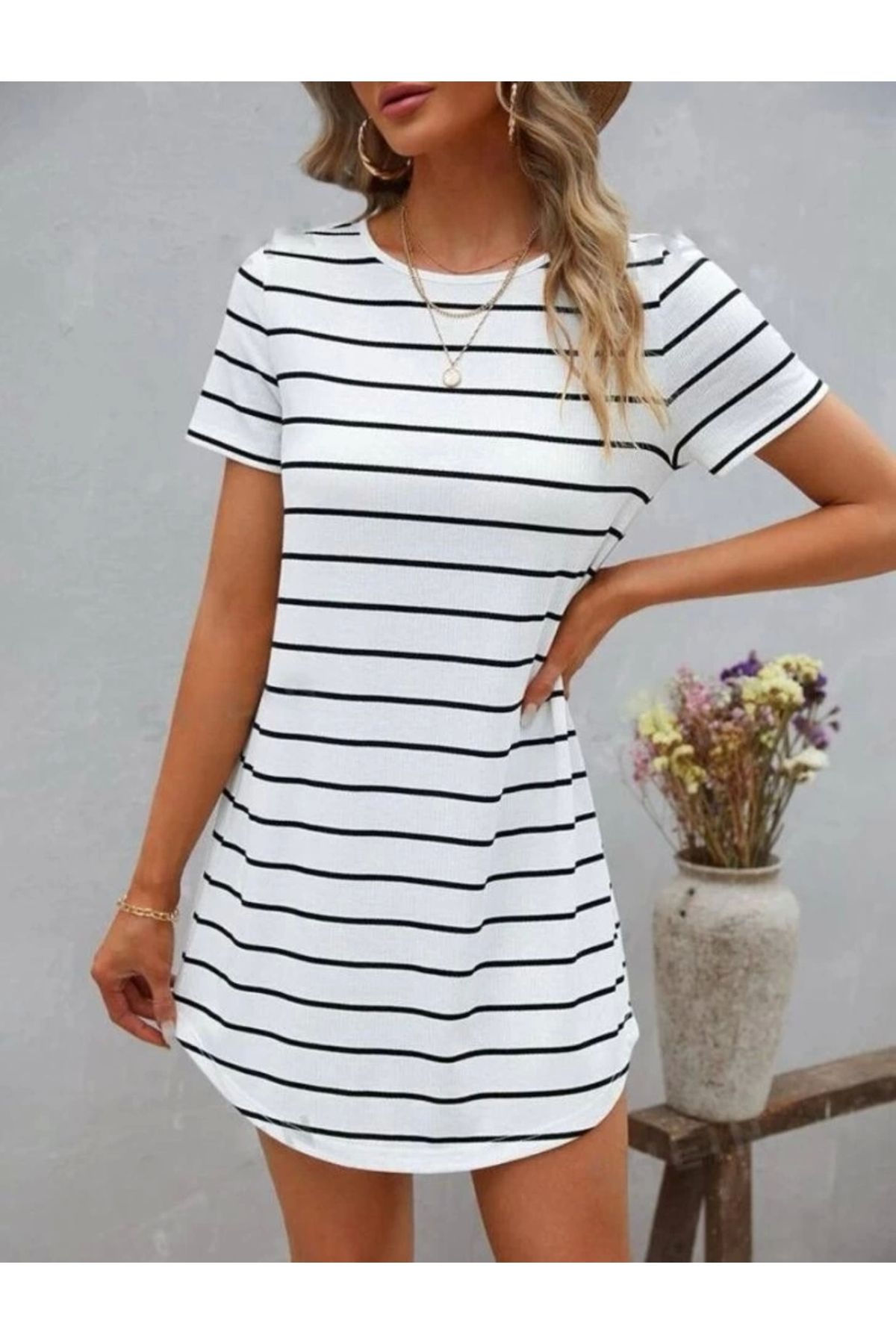 Butik Kadın Düğme Detaylı Bisiklet Yaka Çizgili Kaşkorse Elbise