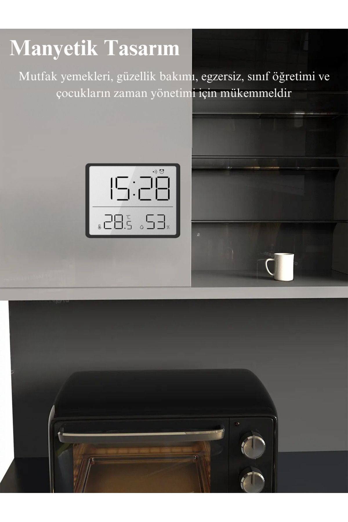DEKORANLA Manyetik LCD Mini Saat, Alarm, Sıcaklık ve Nem Ölçer, 9x7 cm, Pilli, Siyah
