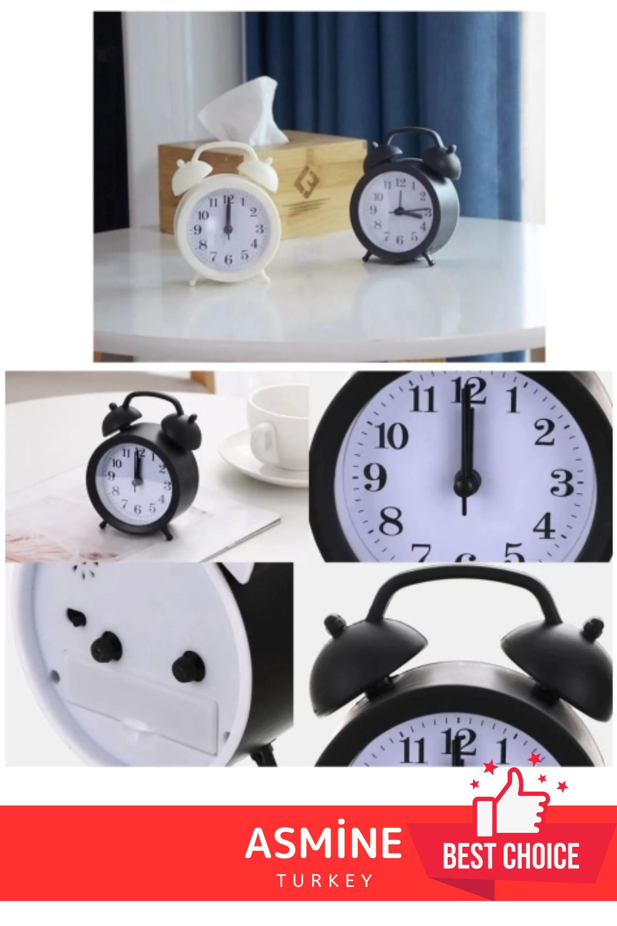 DEKORANLA Yüksek Sesli Dekoratif Çift Çanlı Mini Analog Saat, Pembe