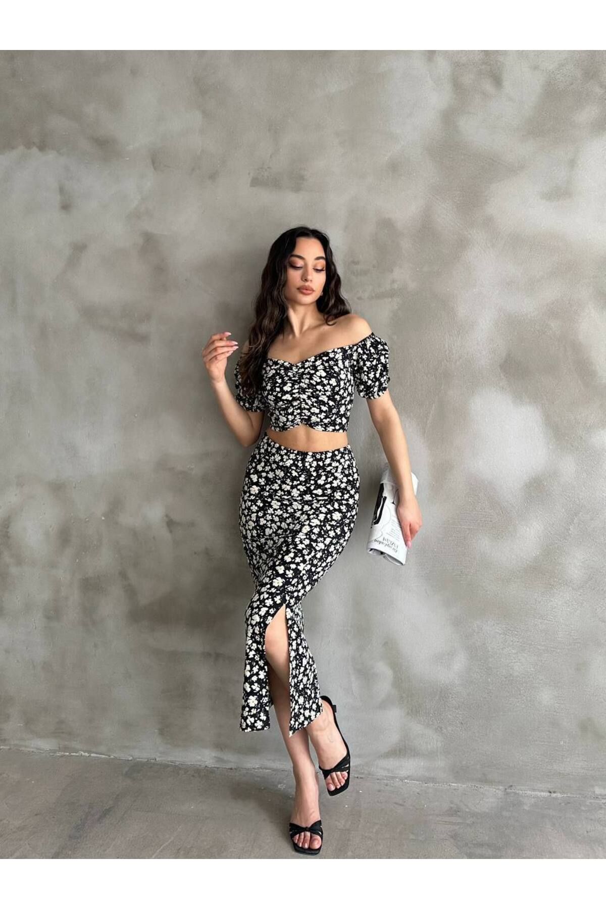 NOLYA MODA Yırtmaçlı Midi Etek & Crop Üst Takım