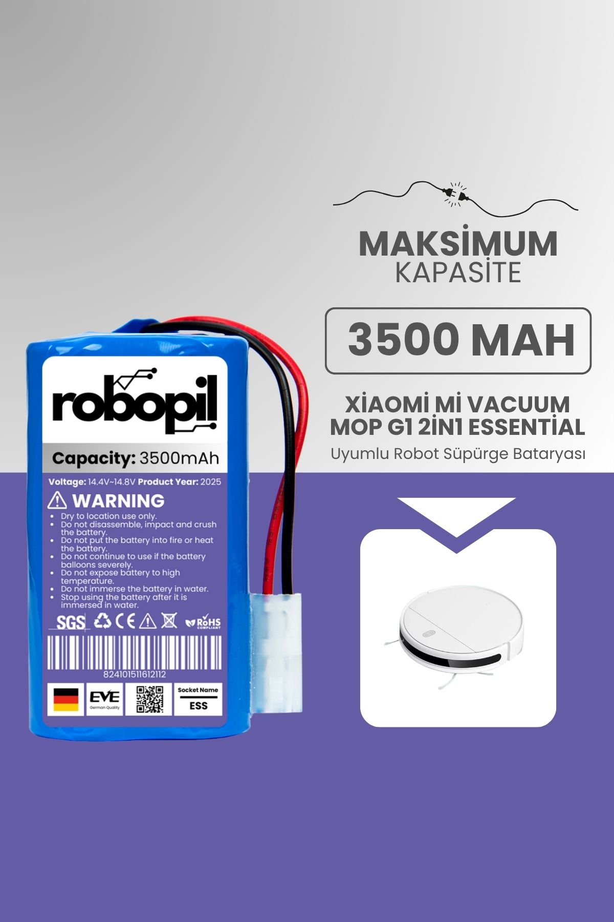 ROBOPİL Xiaomi Vacuum Mop G1 2in1 Essential Batarya (MAKSİMUM KAPASİTE) 3500mah Robot Süpürge Pili Mjstg1