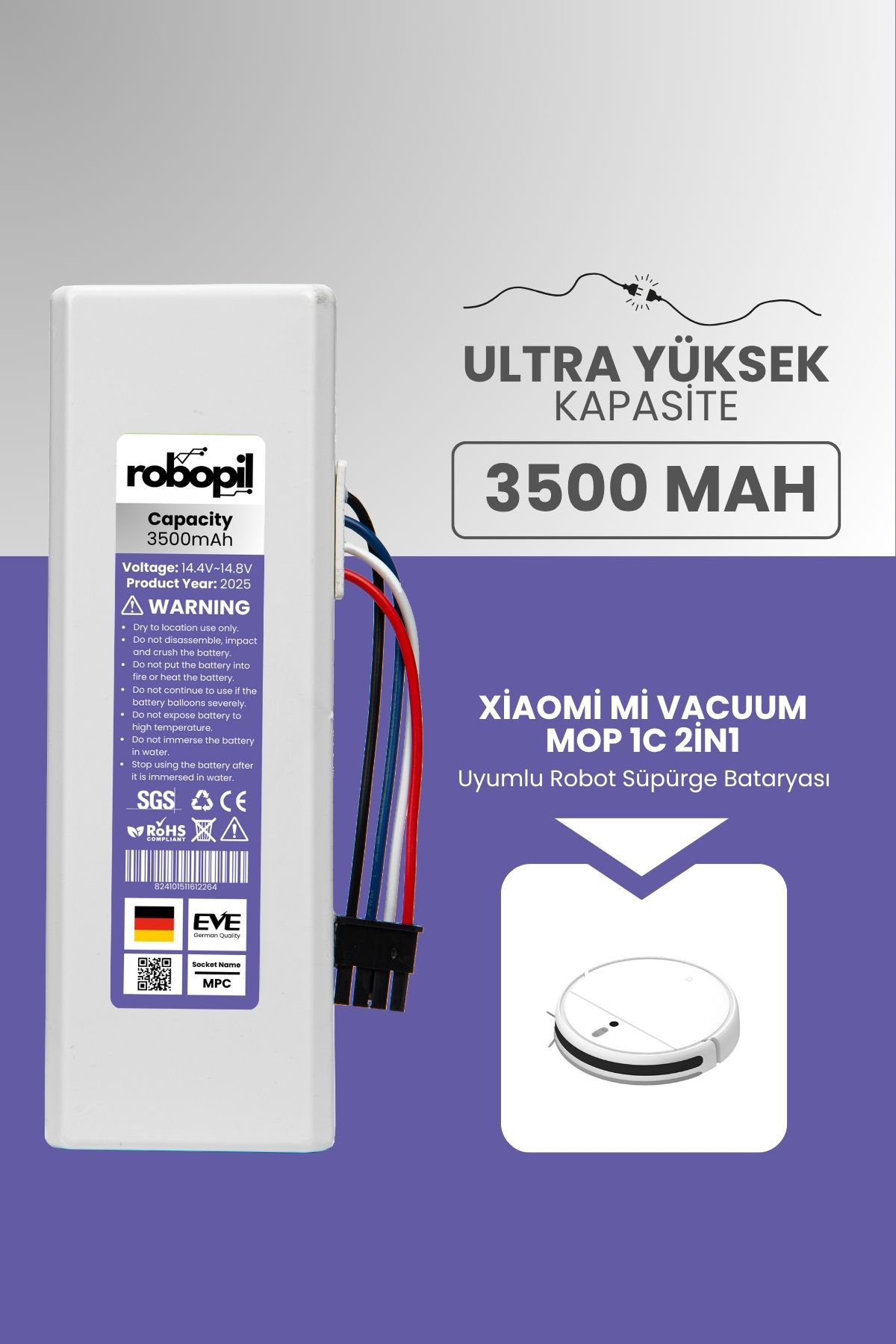 ROBOPİL Xiaomi Mi Vacuum Mop 1c 2in1 Uyumlu Batarya (ULTRA YÜKSEK KAPASİTE) 3500mah Robot Süpürge STYTJ01ZHM