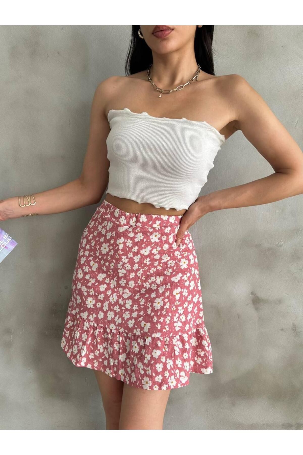 Butik Kadın Çiçek Desenli Yazlık Şortlu Etek