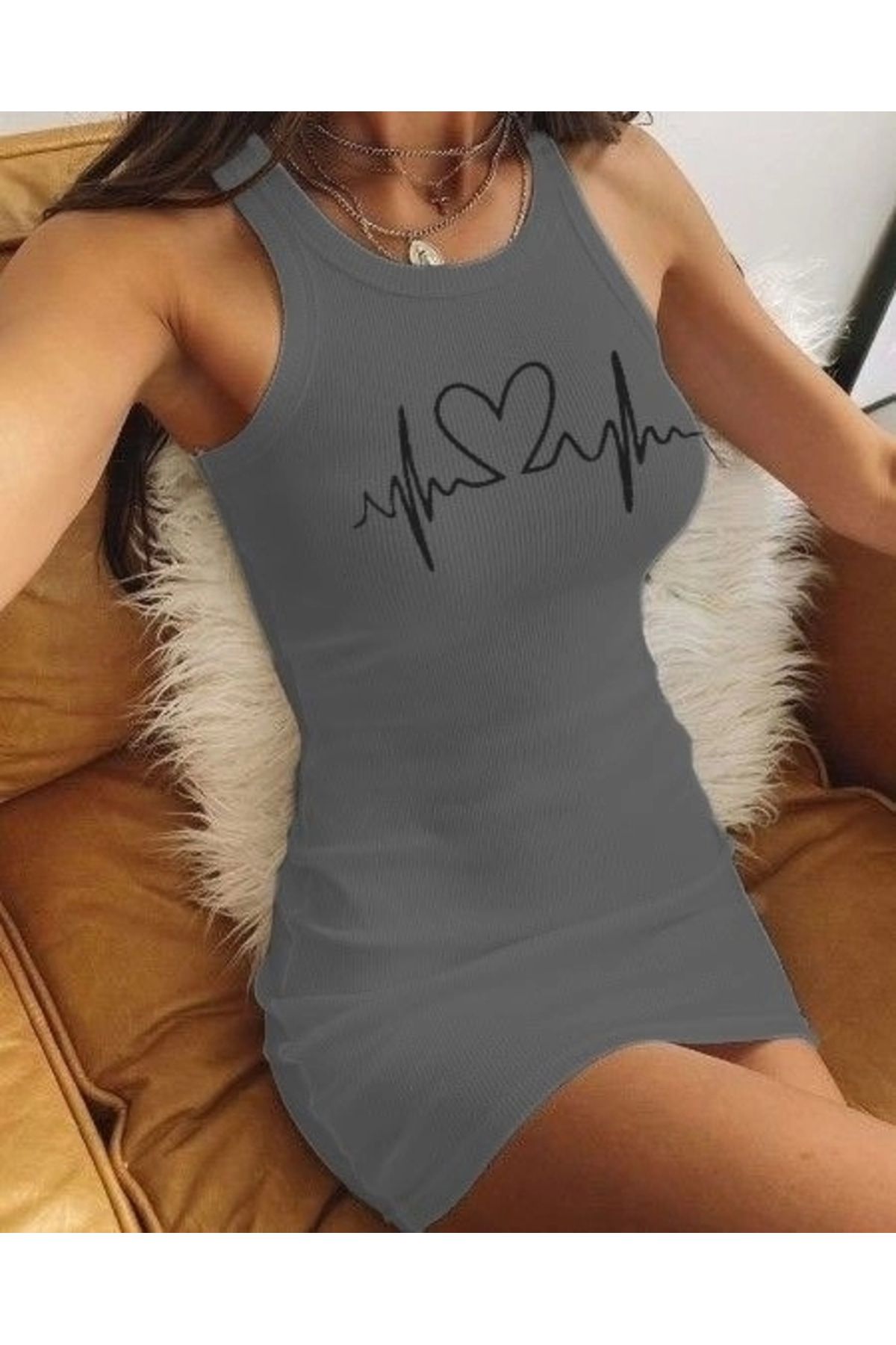 Butik Ritim Kalp Baskılı Sıfır Kol Kaşkorse Elbise