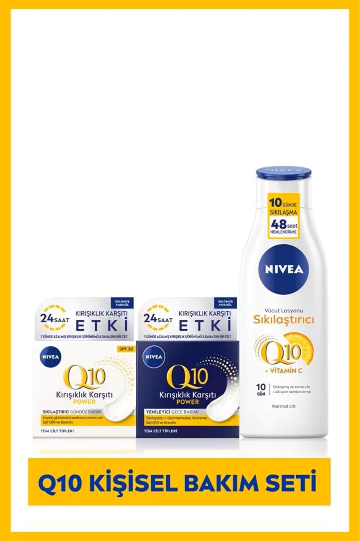 NIVEA Q10 Kırışıklık Karşıtı Gündüz & Gece Bakım Kremi 50 ml + Q10 Vücut Sıkılaştırı Losyon 250 ml