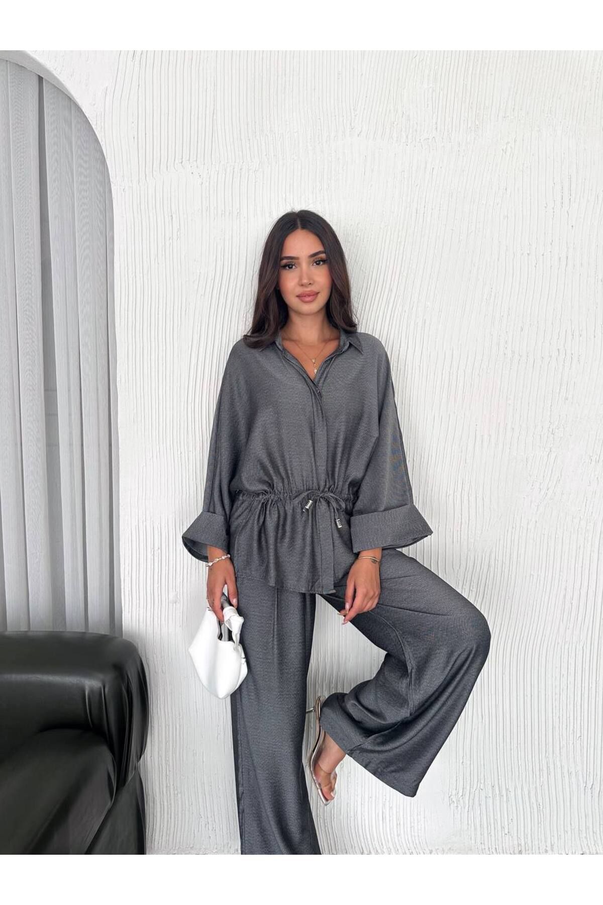 MODA Bağlamalı Büzgü Detaylı Oversize Gömlek Geniş Paça Pantolon Takım