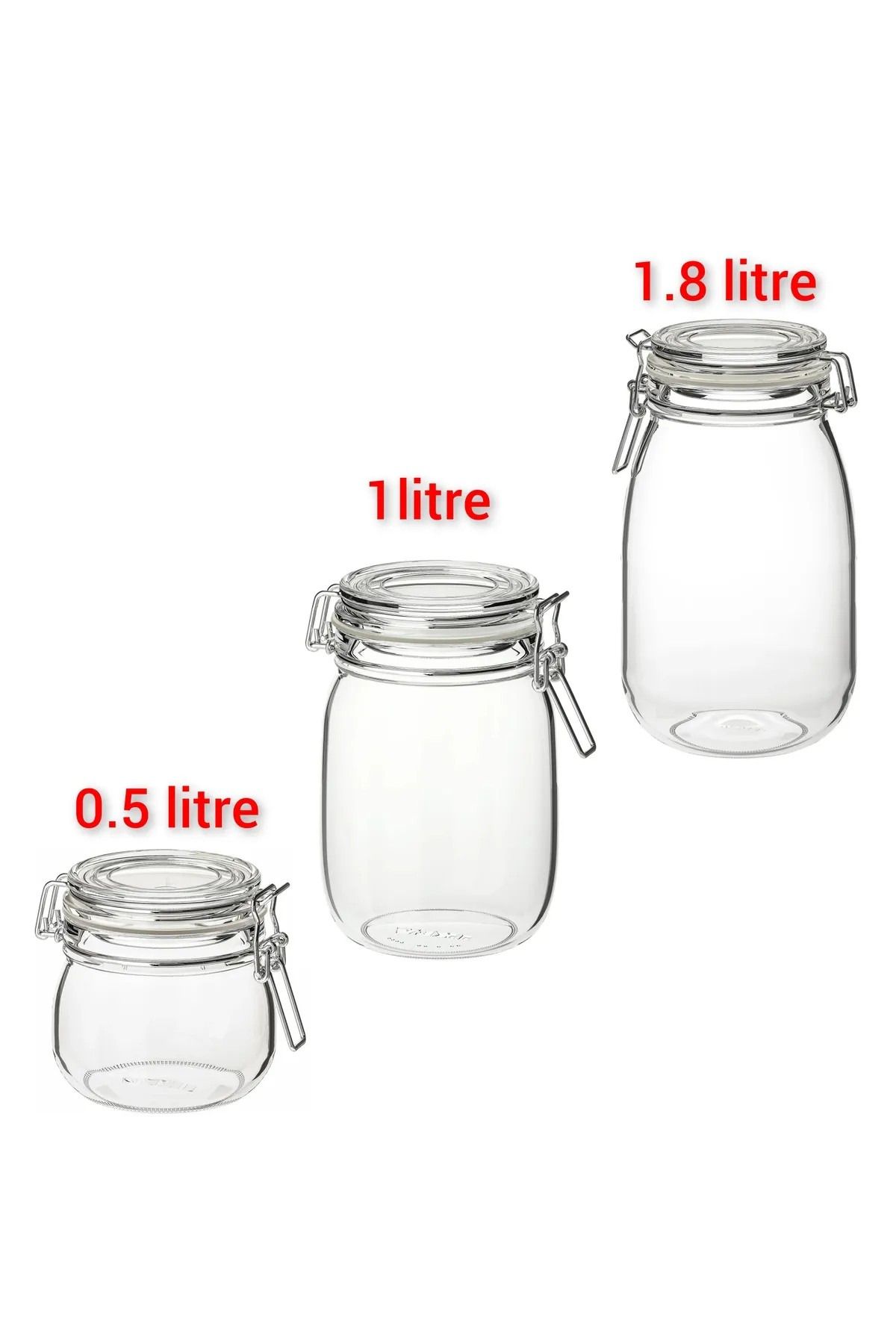 IKEA Premium 3 Adet Kavanoz Seti Kilitli Contalı Saklama Kavanozu 0,5 Lt + 1 Lt + 1,8 Lt