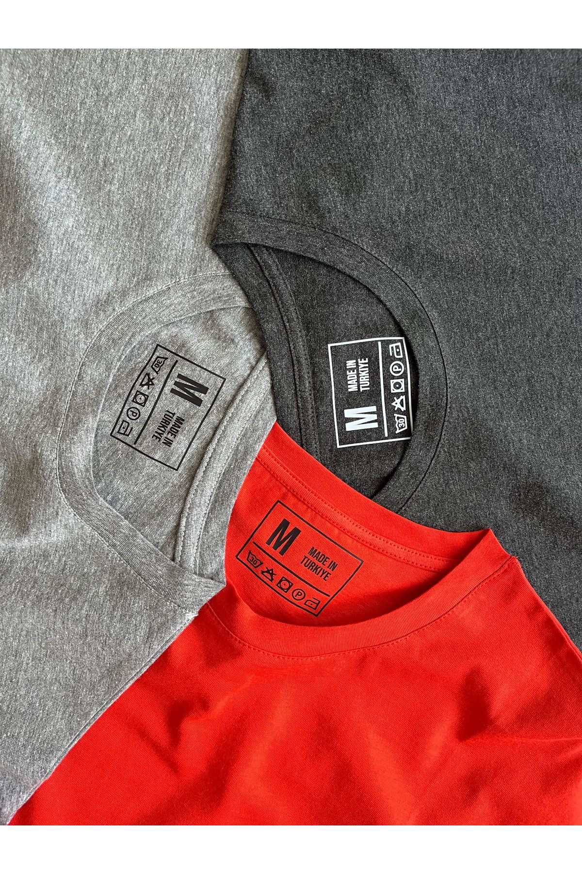 BLUGRIN Unisex Basic 3'lü T-Shirt Set - Kırmızı, Siyah Melange, Gri Melange