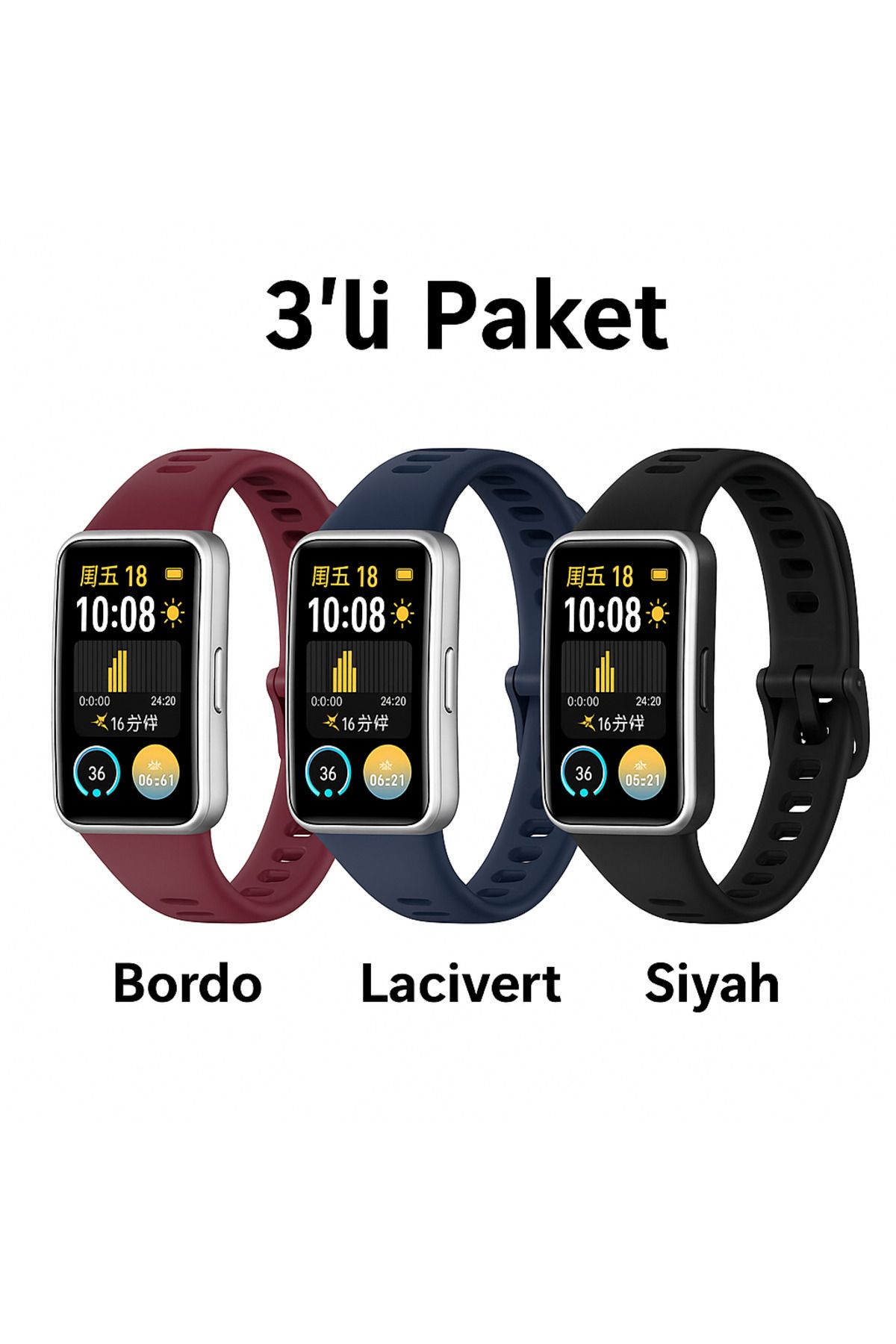Novatis Huawei Band 8 / Band 9 Uyumlu 3'lü Paket Silikon Kordon Metal Pim ve Tokalı Soft Kayış