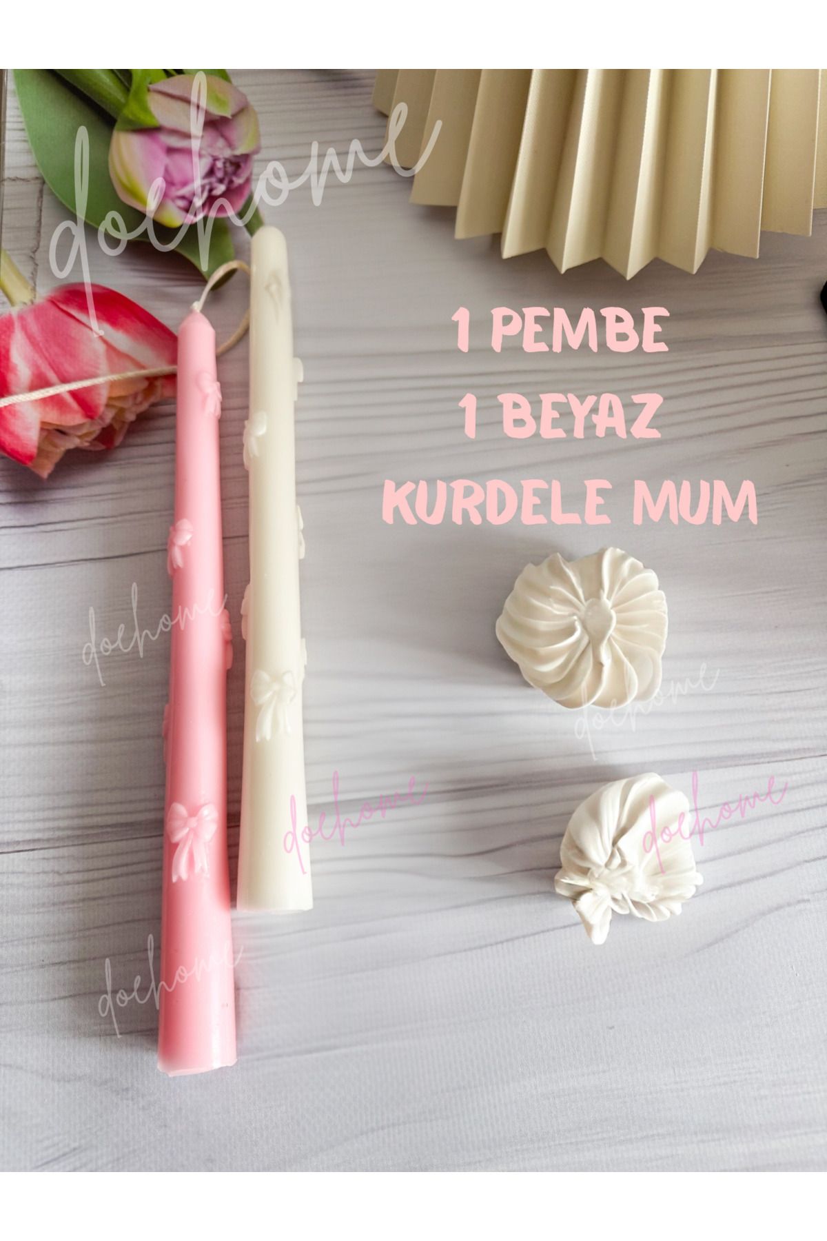DEKORANLA 2’li Fiyonklu ve Kurdeleli Şamdan Mum Seti, Pembe ve Beyaz Renkler