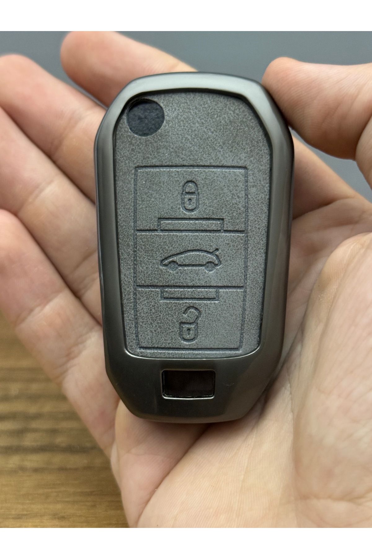 Mavi Keys Citroën Berlingo C-Elysee Peugeot 508 3008 5008 Opel 3 Düğmelı Deri Metal Anahtar Koruma Kılıfı Gri