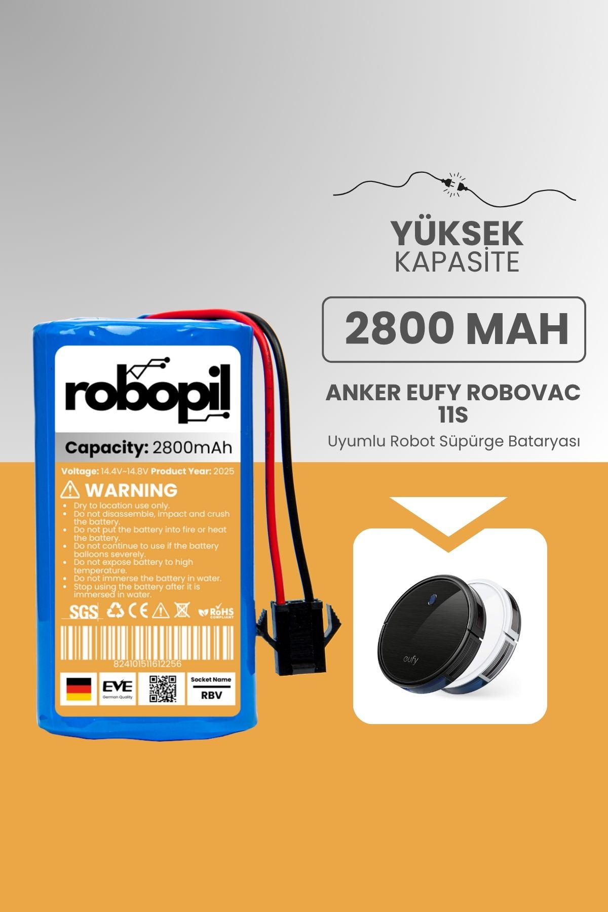 ROBOPİL Anker Eufy Robovac 11s Batarya (YÜKSEK KAPASİTE) Naccon 14.4v 2800mah Akıllı Robot Süpürge Pili