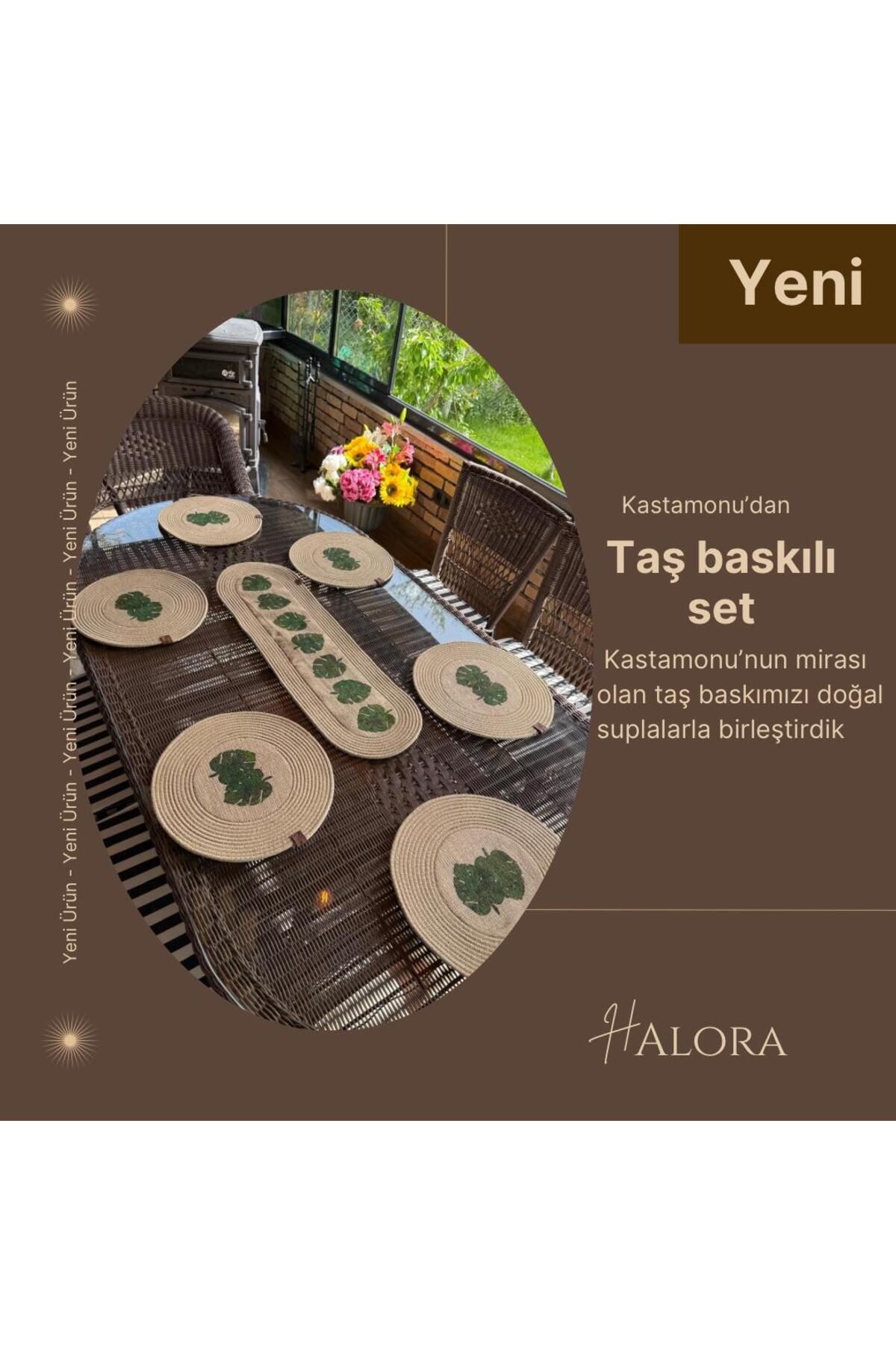 Halora Kastamonu Yaprak Desenli Taş Baskılı Doğal Jüt Supla ve Runner Seti - El Yapımı 6 Kişilik