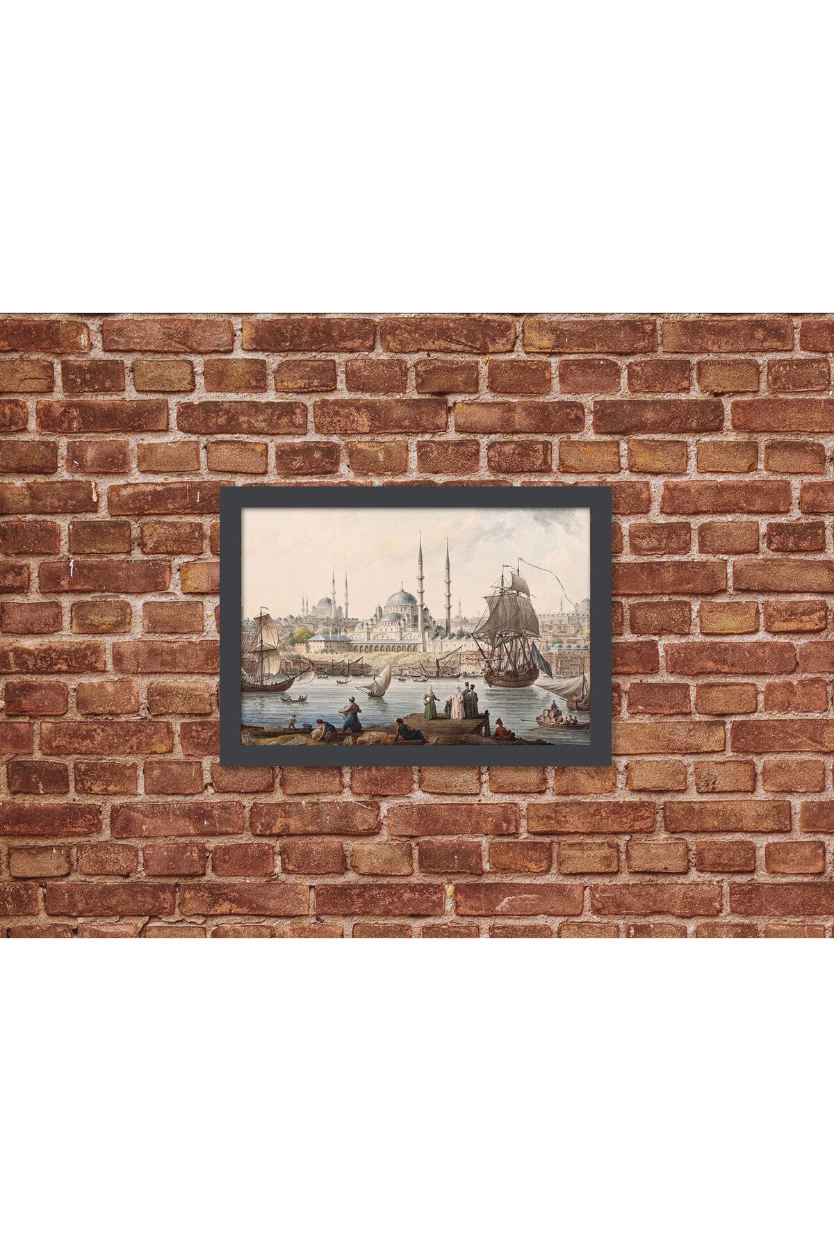 Letbil Reklam Ahşap Kendinden Çerçeveli Tablo - Vintage Yeni Camii ve Istanbul Limanı, Standart - 20x28cm