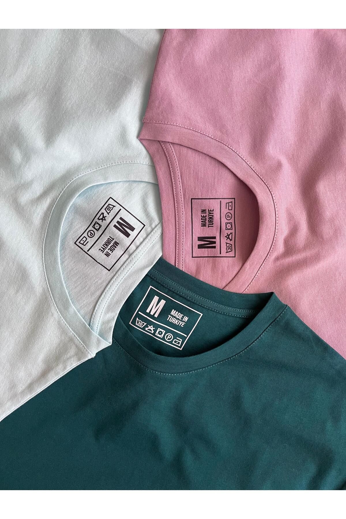 BLUGRIN Unisex Basic 3'lü T-Shirt Set - Lila, Turkuaz, Yeşil