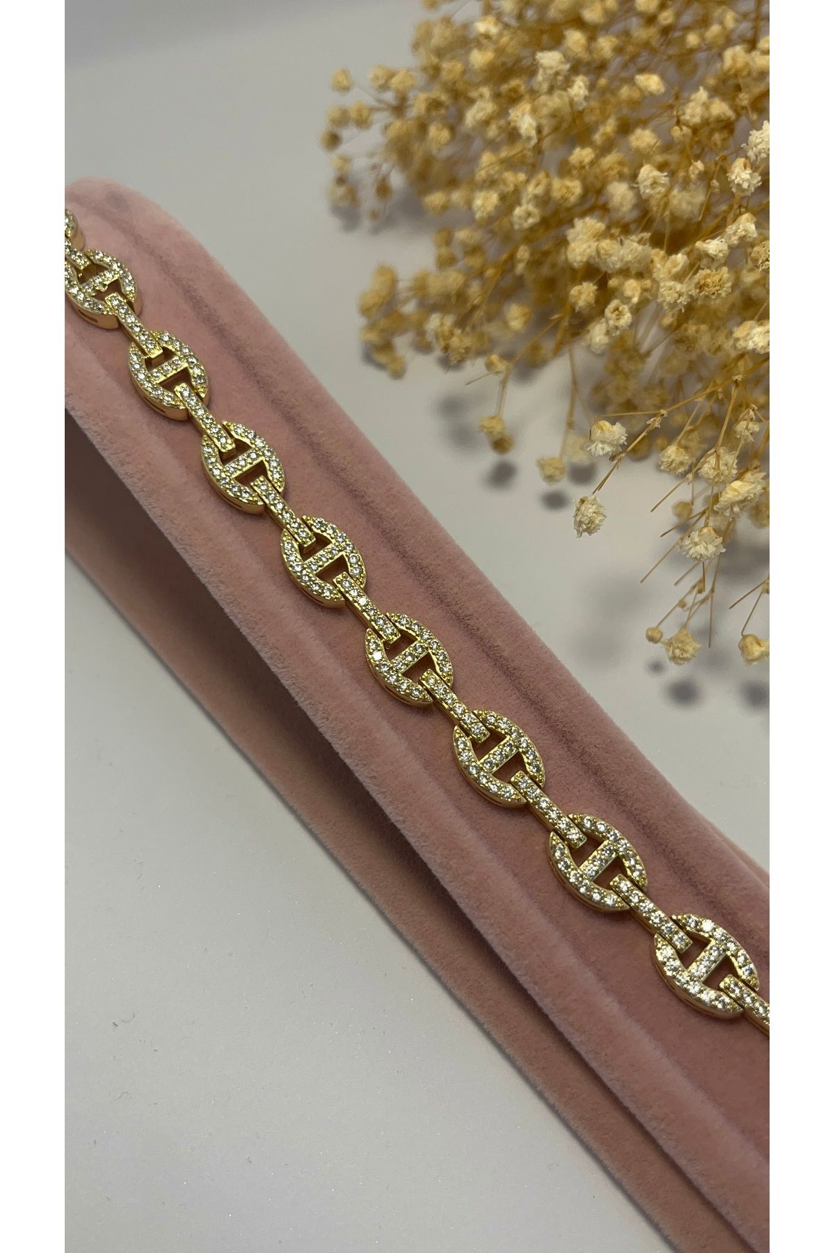 YARELLSHİNE Taş İşlemeli Oval Zincir Formlu Gold Kadın Bileklik