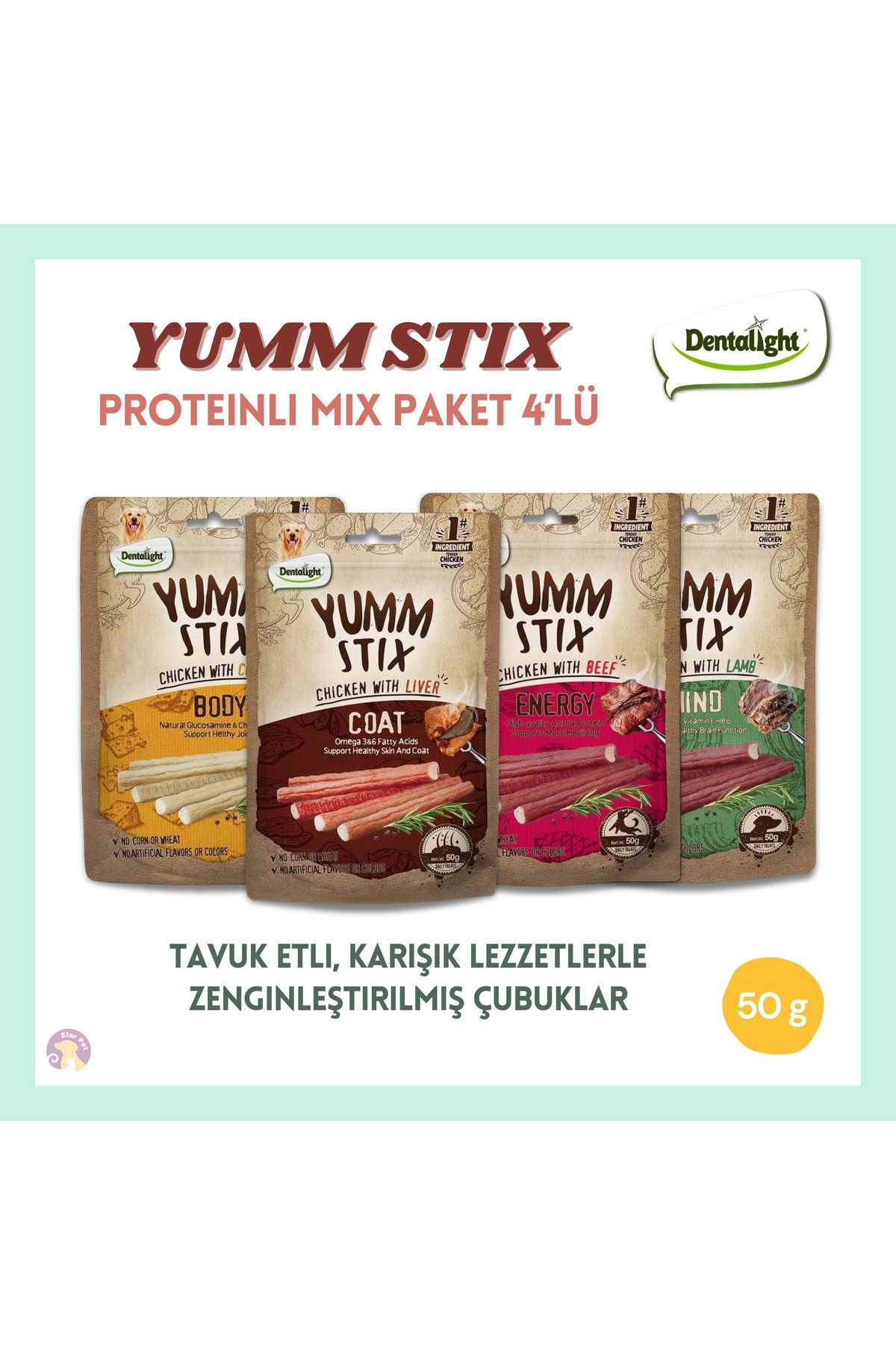 DENTALIGHT Yumm Stix Köpek Ödülleri – 4’lü Paket,Gerçek Et İçerikli,Protein, DHA, E Vitamini,Omega 3-6, 50g x 4