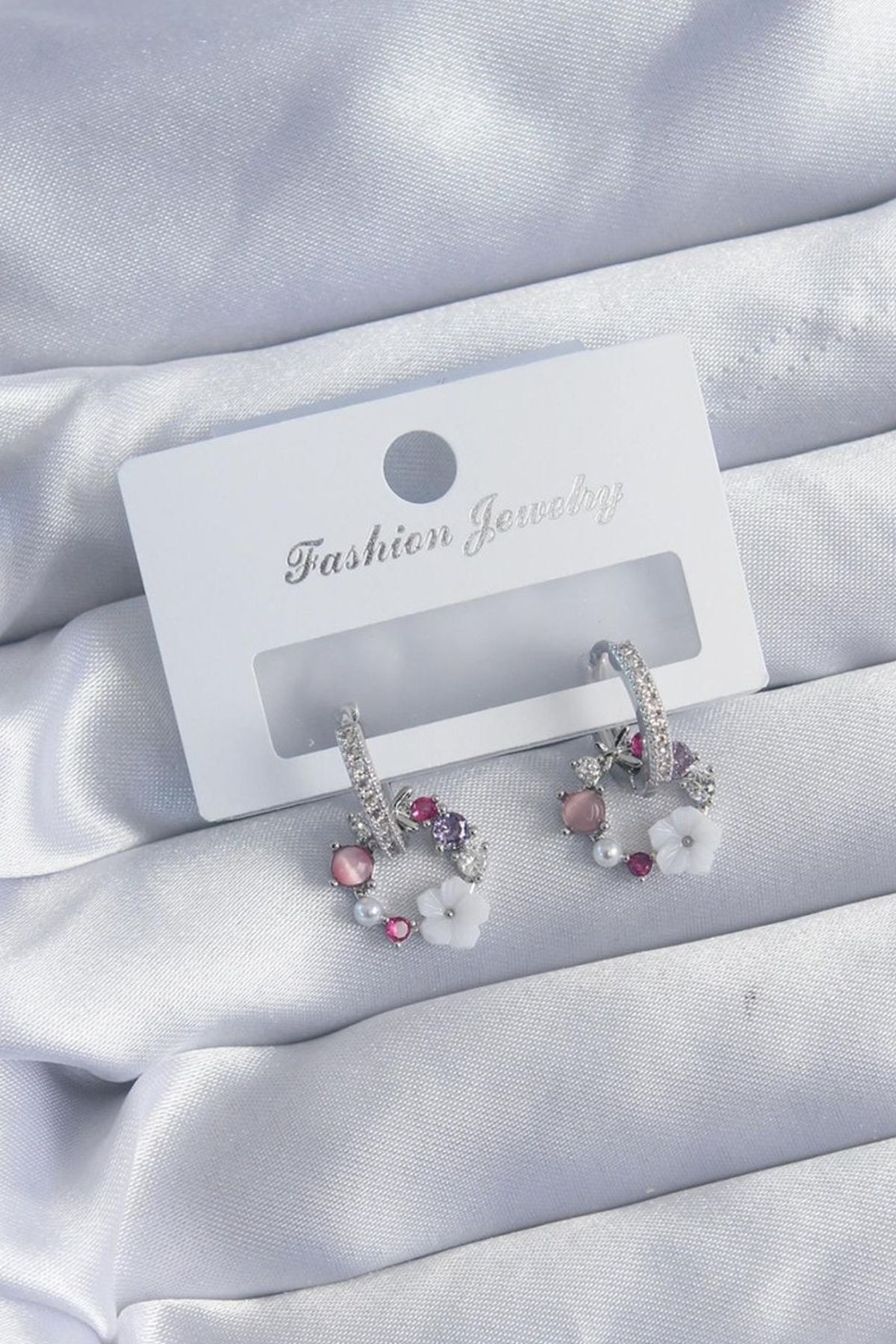 fk studio design Çelik Zirkon Taşlı Çiçek Model Küpe