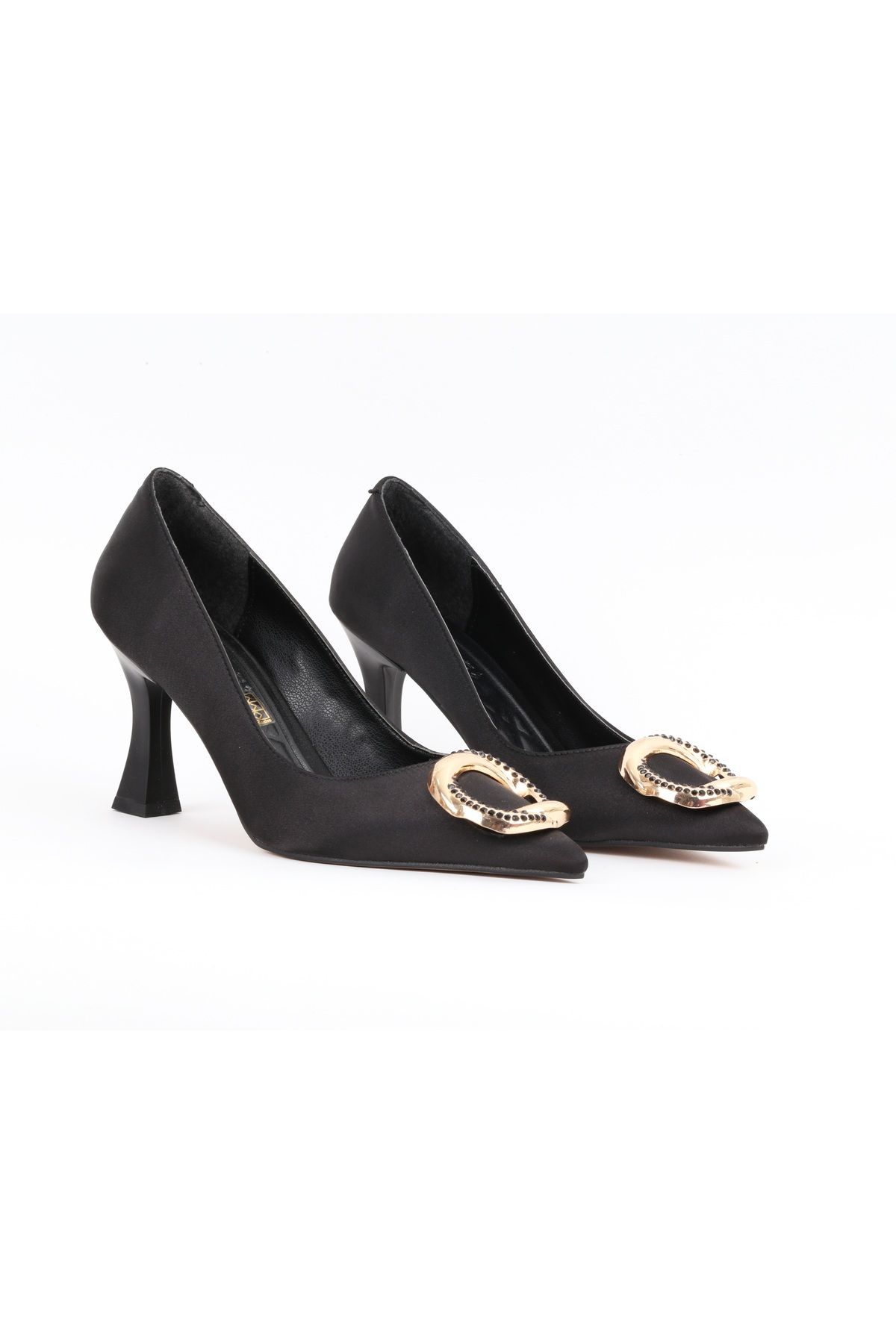Zoom Women Style Kadın Sivri Burun Gold Toka Detaylı Saten Stiletto Ayakkabı