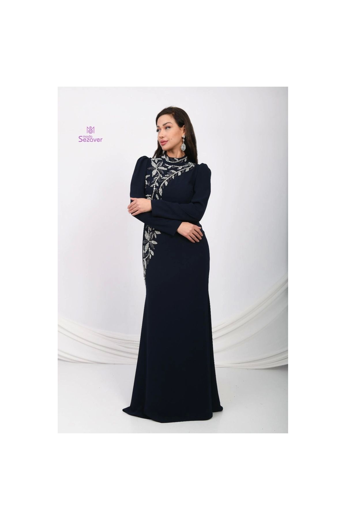 Moda Sezaver Tesettür Abiye | Nikah Elbisesi | Sultanın İncisi Balık Abiye - Lacivert