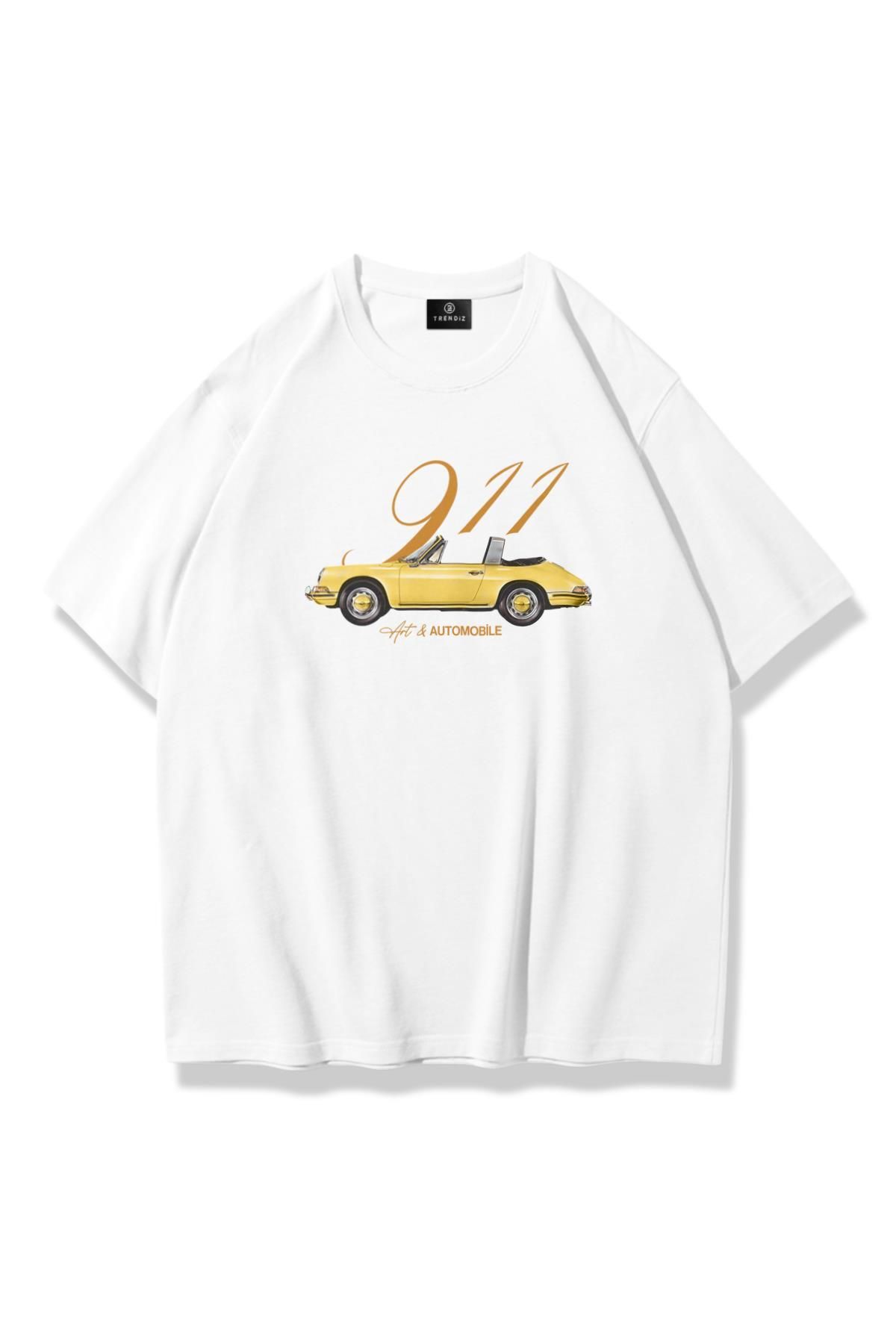 Trendiz Unisex 911 Art and Automobile Tshirt Beyaz