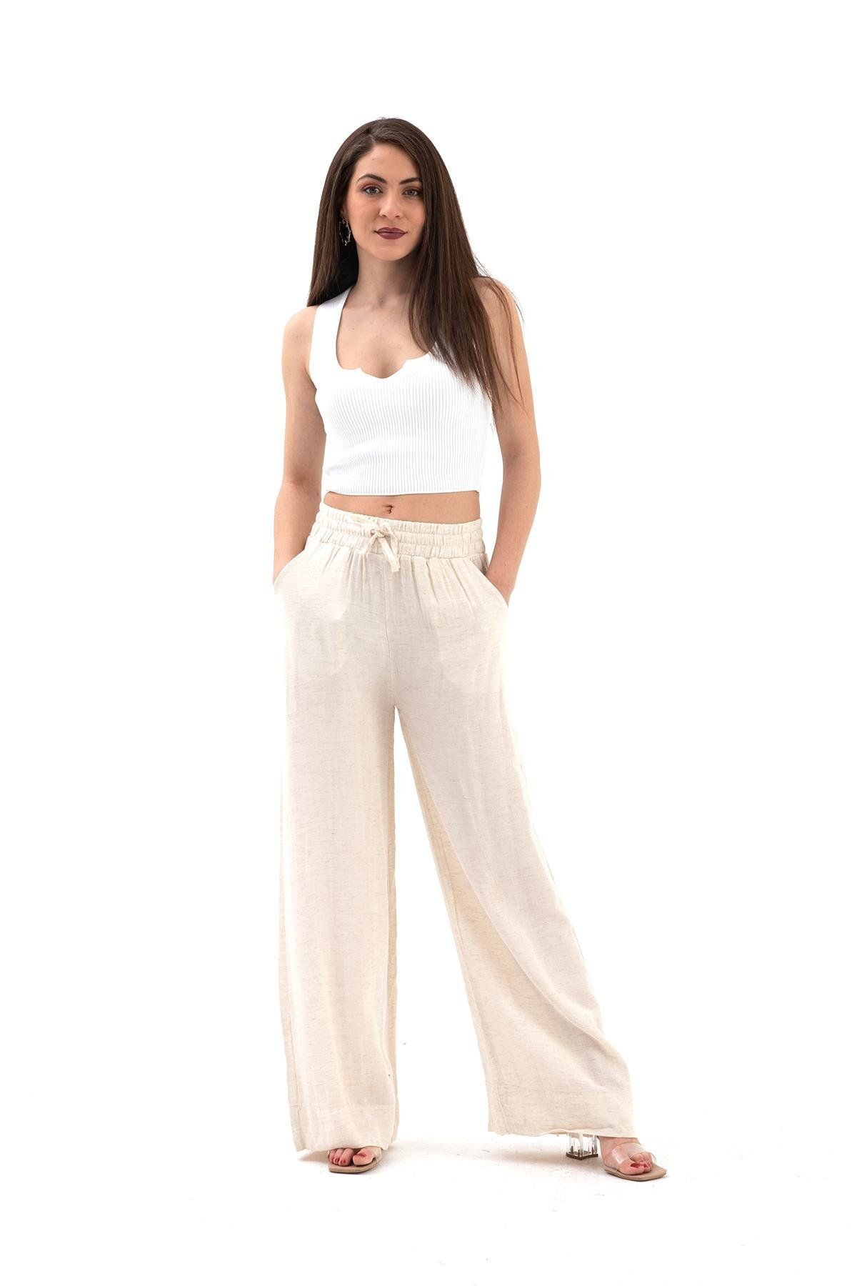 NOSTALJİX Beli Lastikli Cepli Müslin Keten Pantolon - Taş