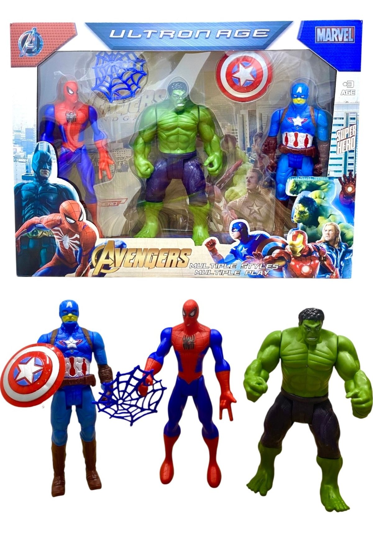Furkan Toys Süper Kahramanlar Işıklı 3 Lü Figür Oyuncak Kaptan Amarika Örümcek Adam Hulk 20Cm