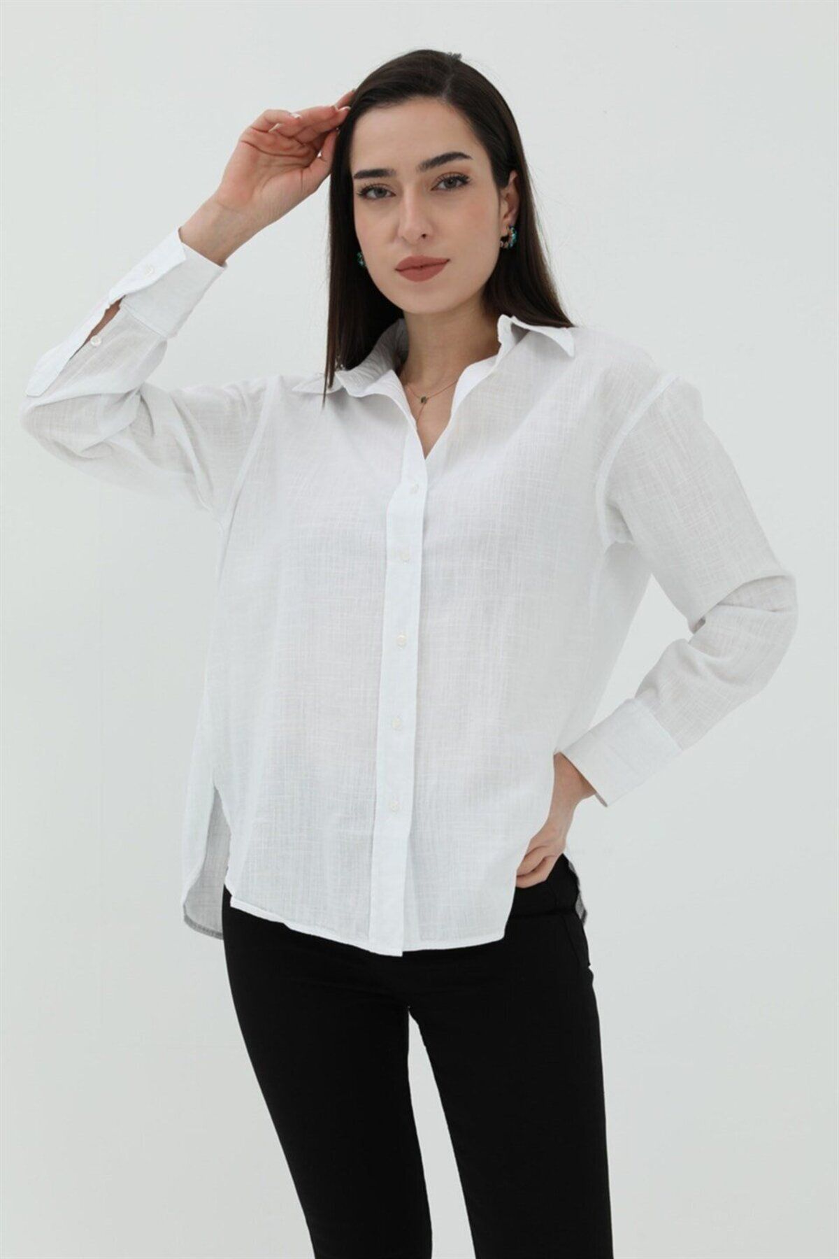 NOSTALJİX Uzun Kol Oversize Basic Gömlek - Beyaz