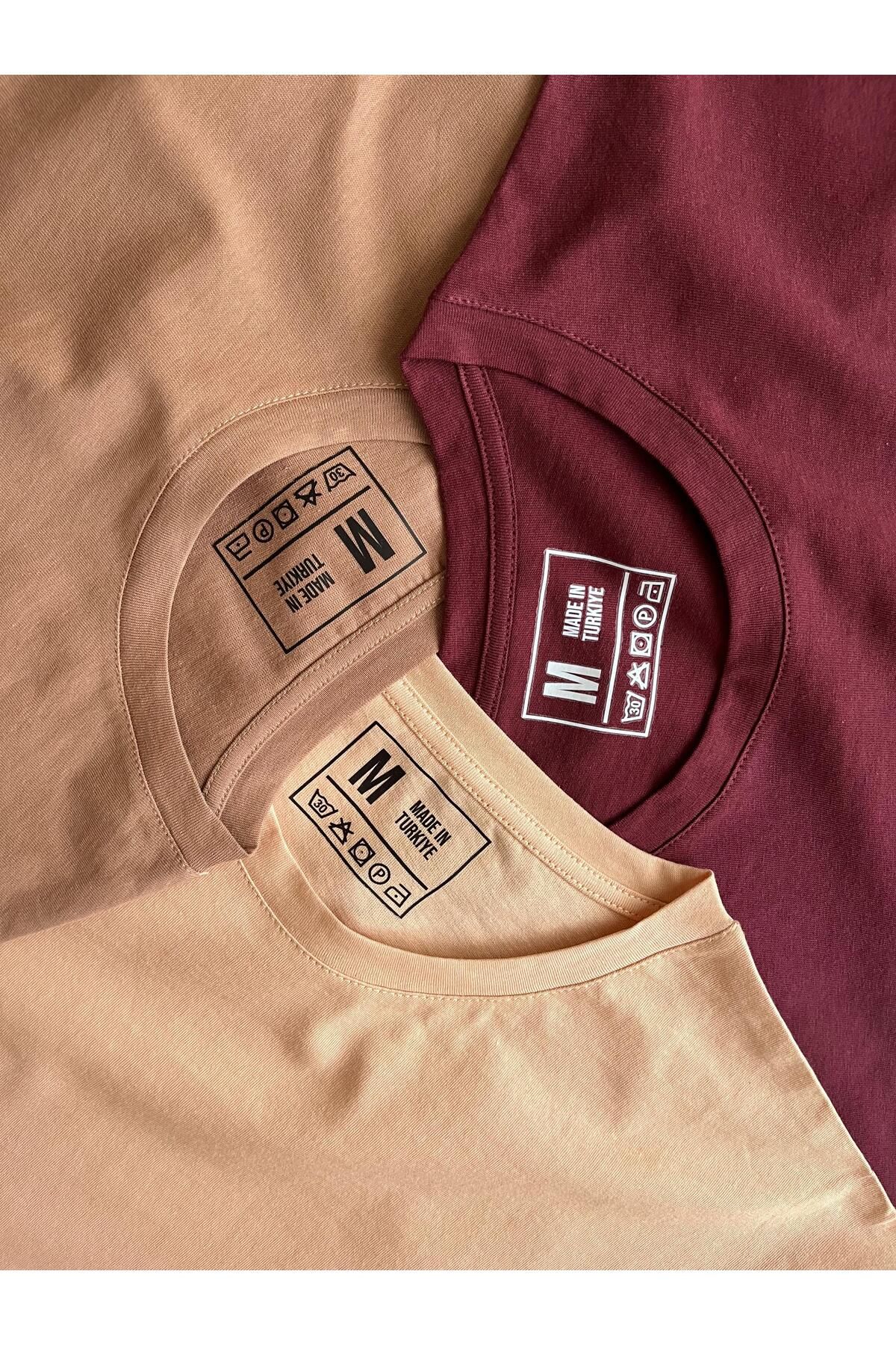BLUGRIN Unisex Basic 3'lü T-Shirt Set - Bordo, Açık Kahve, Ten Rengi