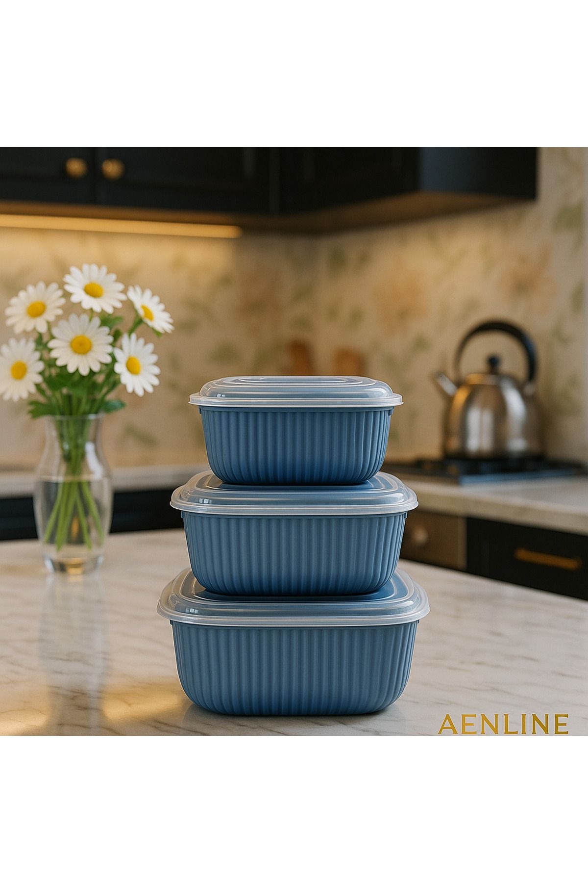 AENLINE HOME AENLINE Okyanus Mavisi snapLid 3’lü Set – 600 ml • 1,1 L • 1,8 L, Mikrodalga & Dondurucu Uyumlu