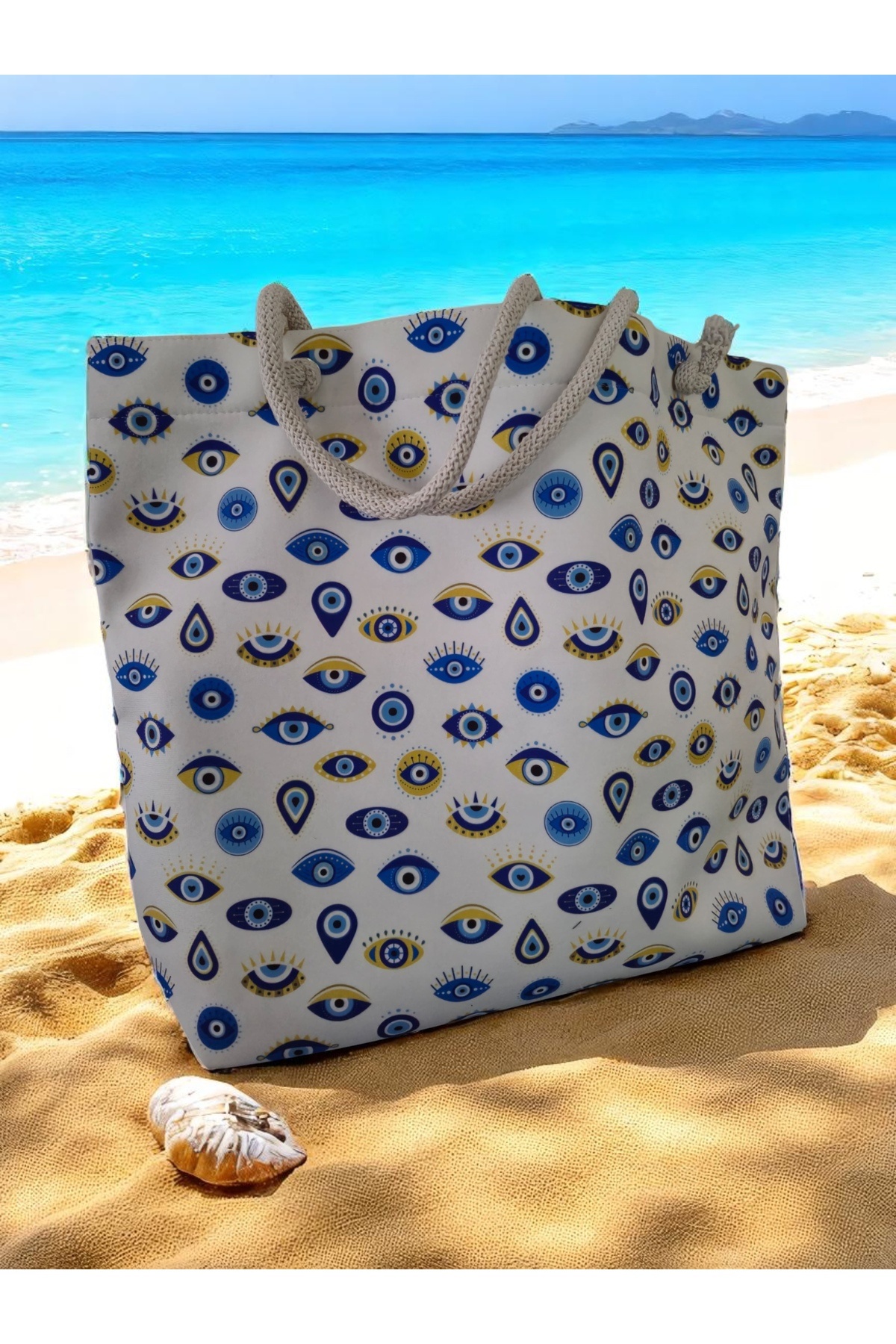 Land of Souvenir-Durable Fabric Large Beach Bag with Evil Eye 2