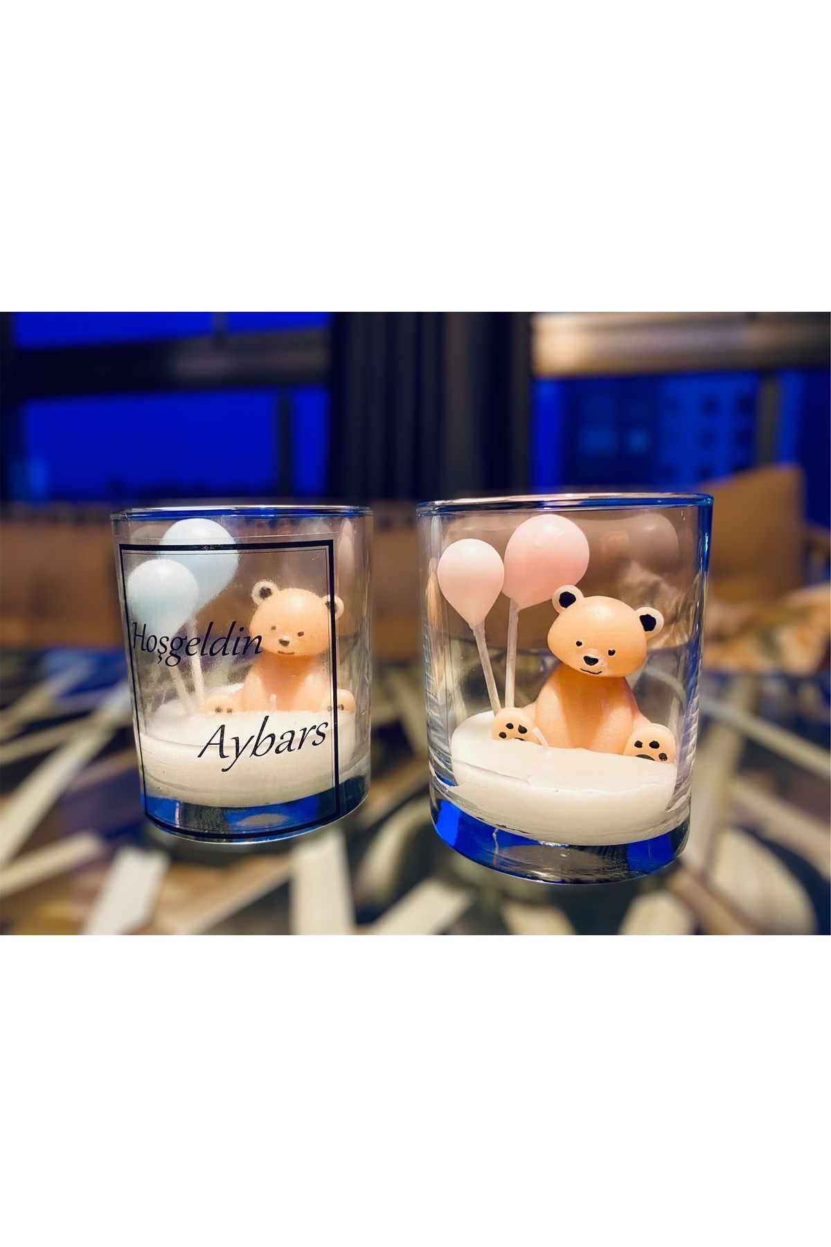 Biepoksi Bebek Doğum Pembe Ayıcık Cam Mum Hediyelik 1 Adet 9cm Yükseklik